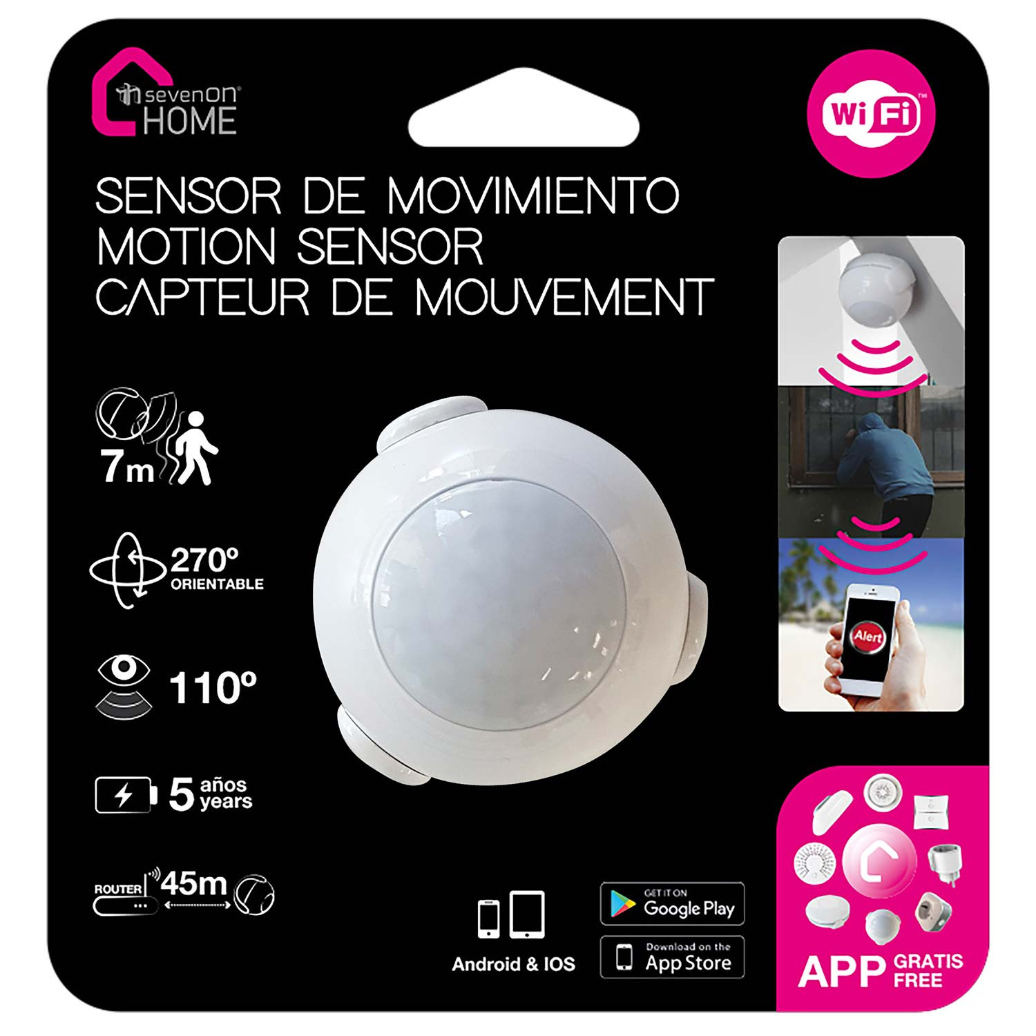Sensor de movimiento blanco con texto e iconos sobre fondo negro.