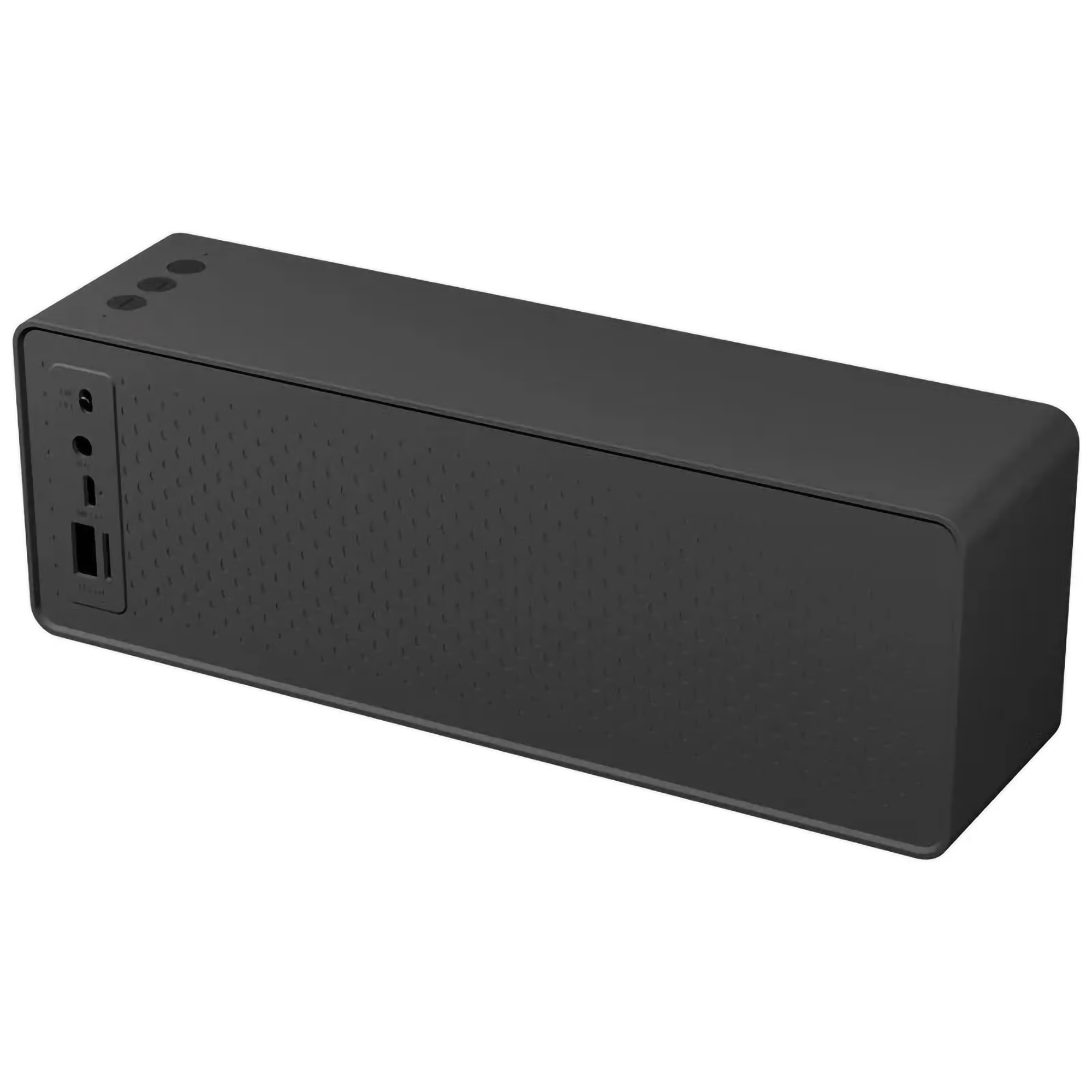 Un altavoz Bluetooth rectangular negro con botones y puertos. Fondo blanco.