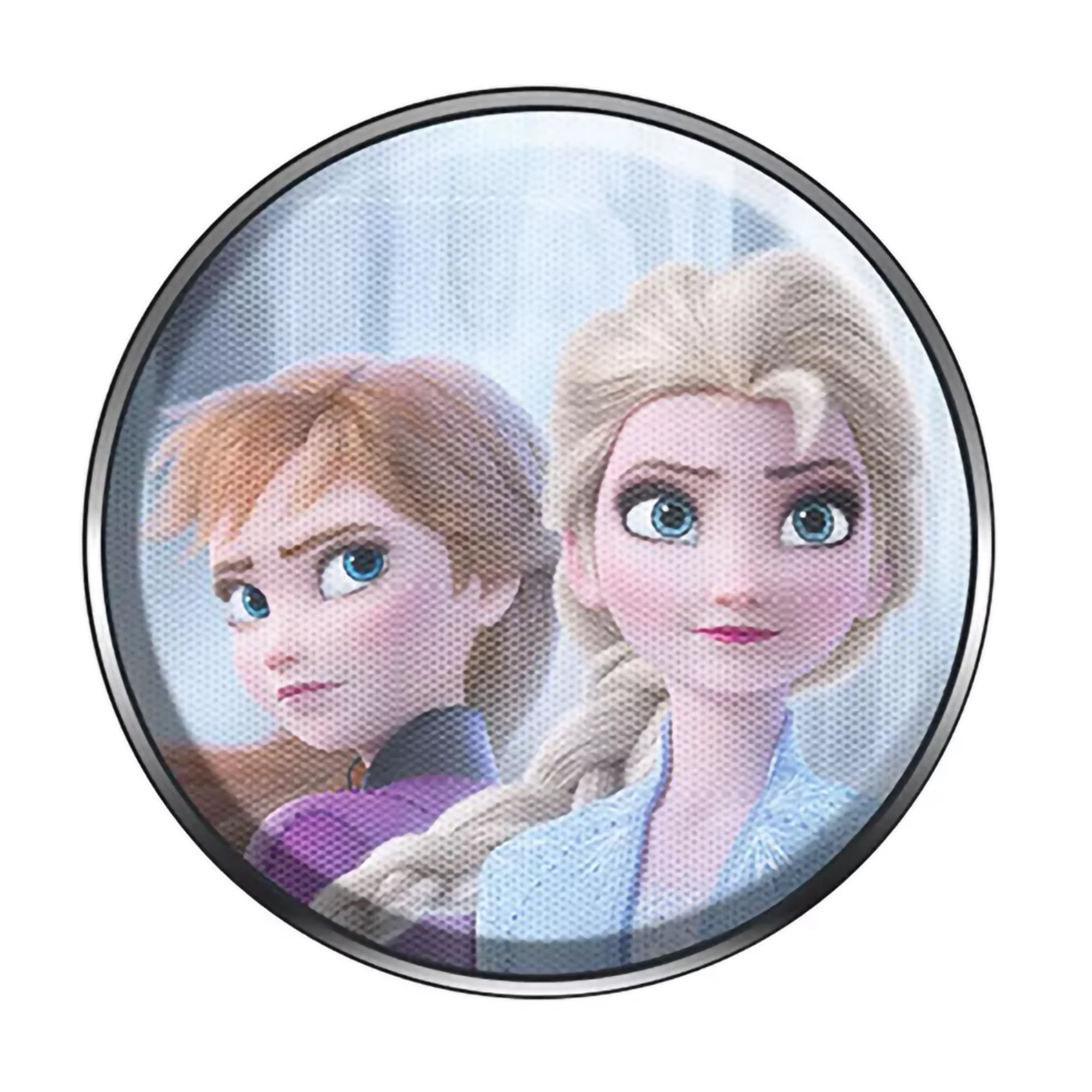 Dwie postacie z kreskówek, Anna i Elsa z Krainy Lodu, na okrągłym obrazku. Elsa ma warkocz.