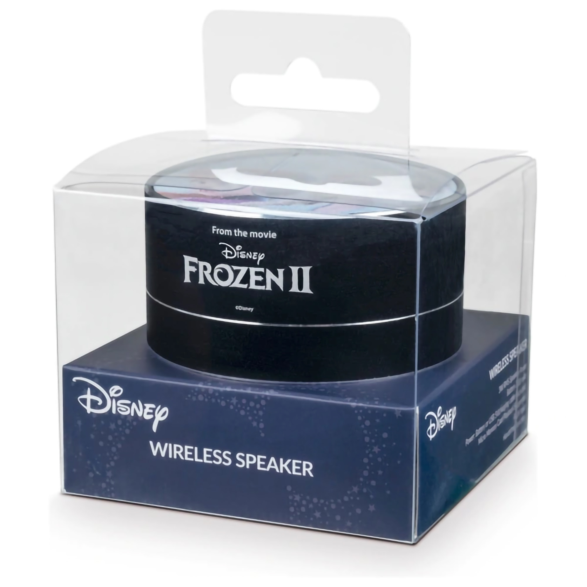 Czarny głośnik Frozen II w przezroczystym plastikowym pudełku. Logo i branding Disneya na pudełku.