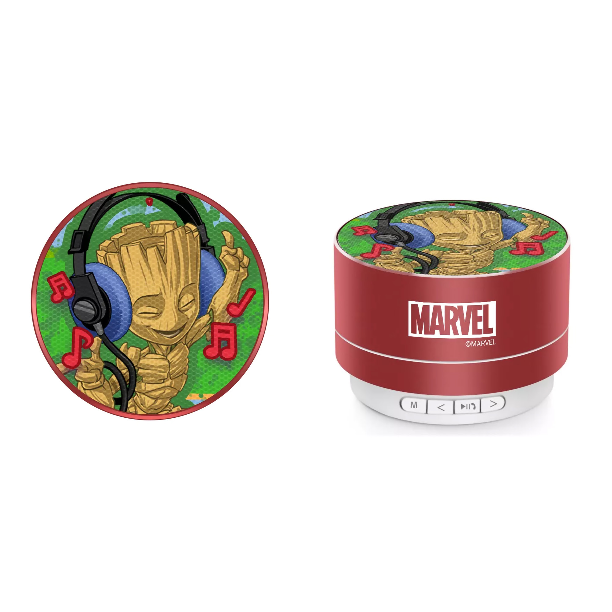 Grafika Groota w słuchawkach na głośniku Marvel. Czerwony i biały głośnik z logo Marvel.