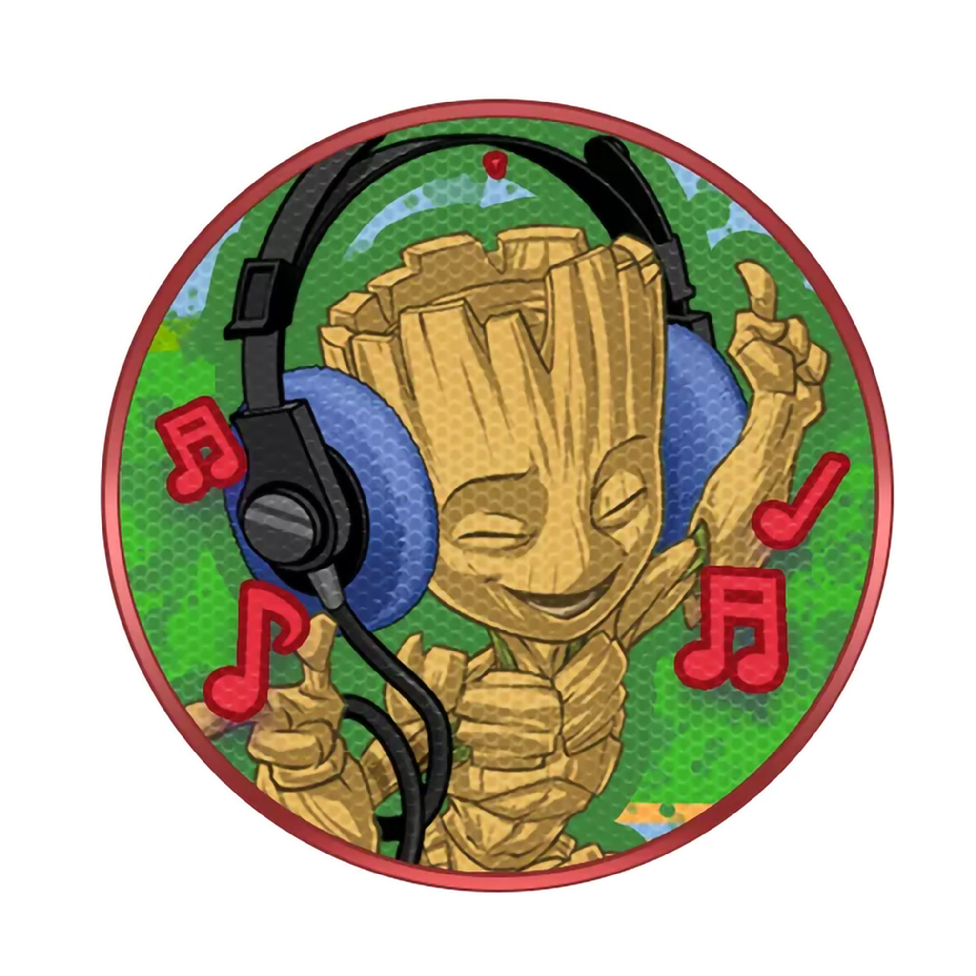Groot ze słuchawkami słucha muzyki, otoczony nutami.