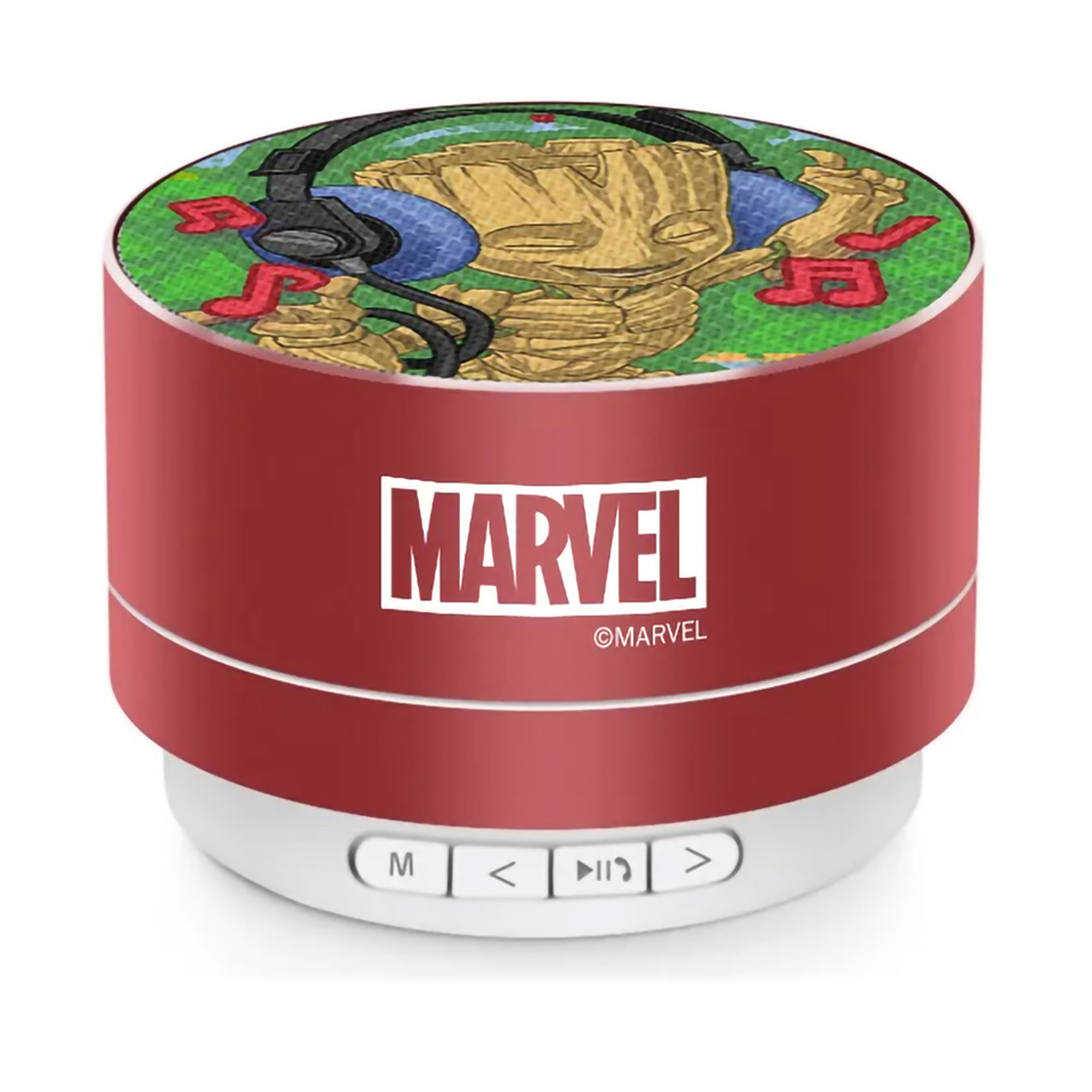 Czerwony głośnik przenośny Marvel z motywem Groota, okrągły kształt i przyciski sterowania.