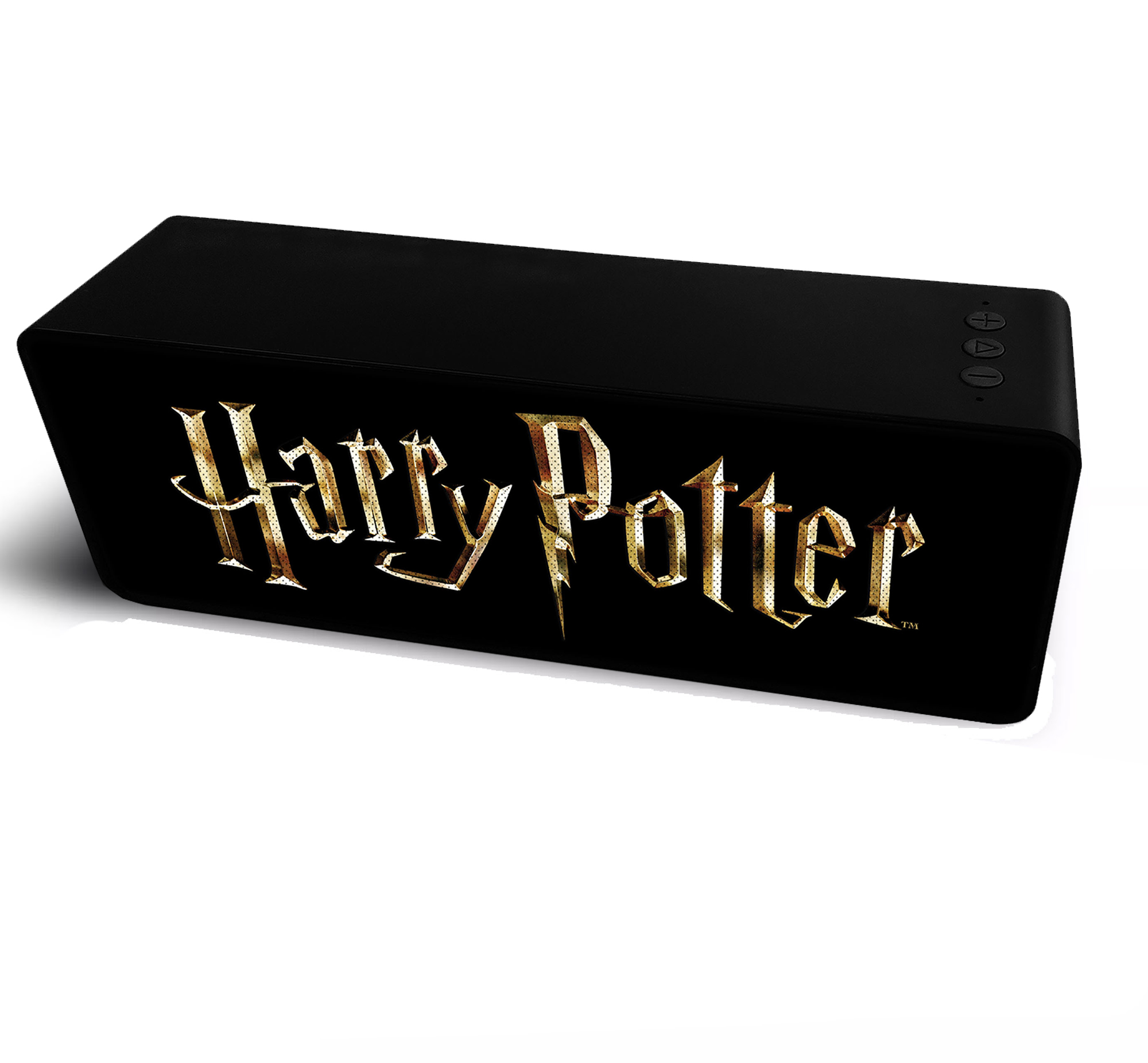Altoparlante nero di Harry Potter con scritte dorate su sfondo bianco.