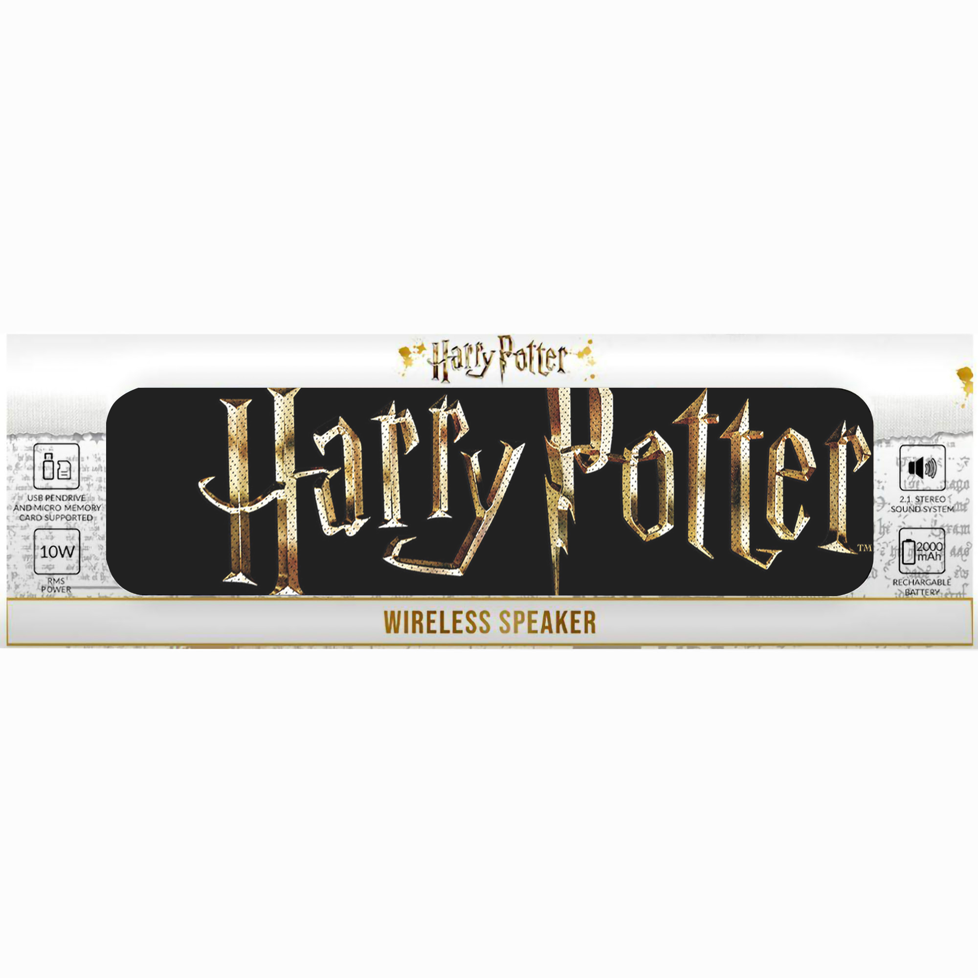 Altoparlante wireless di Harry Potter con logo, su sfondo bianco.