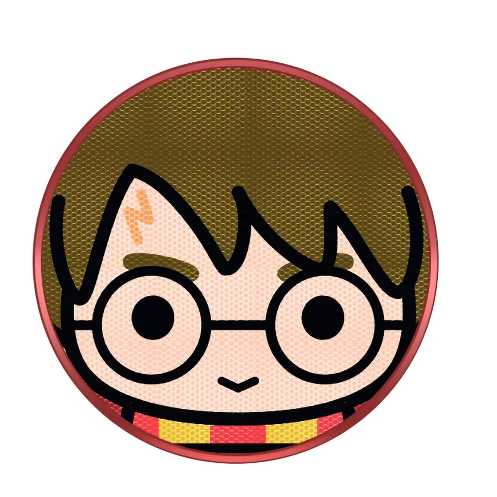 Okrągła naklejka Harry'ego Pottera. Brązowe włosy, okulary, blizna w kształcie błyskawicy. Czerwona i żółta obwódka.