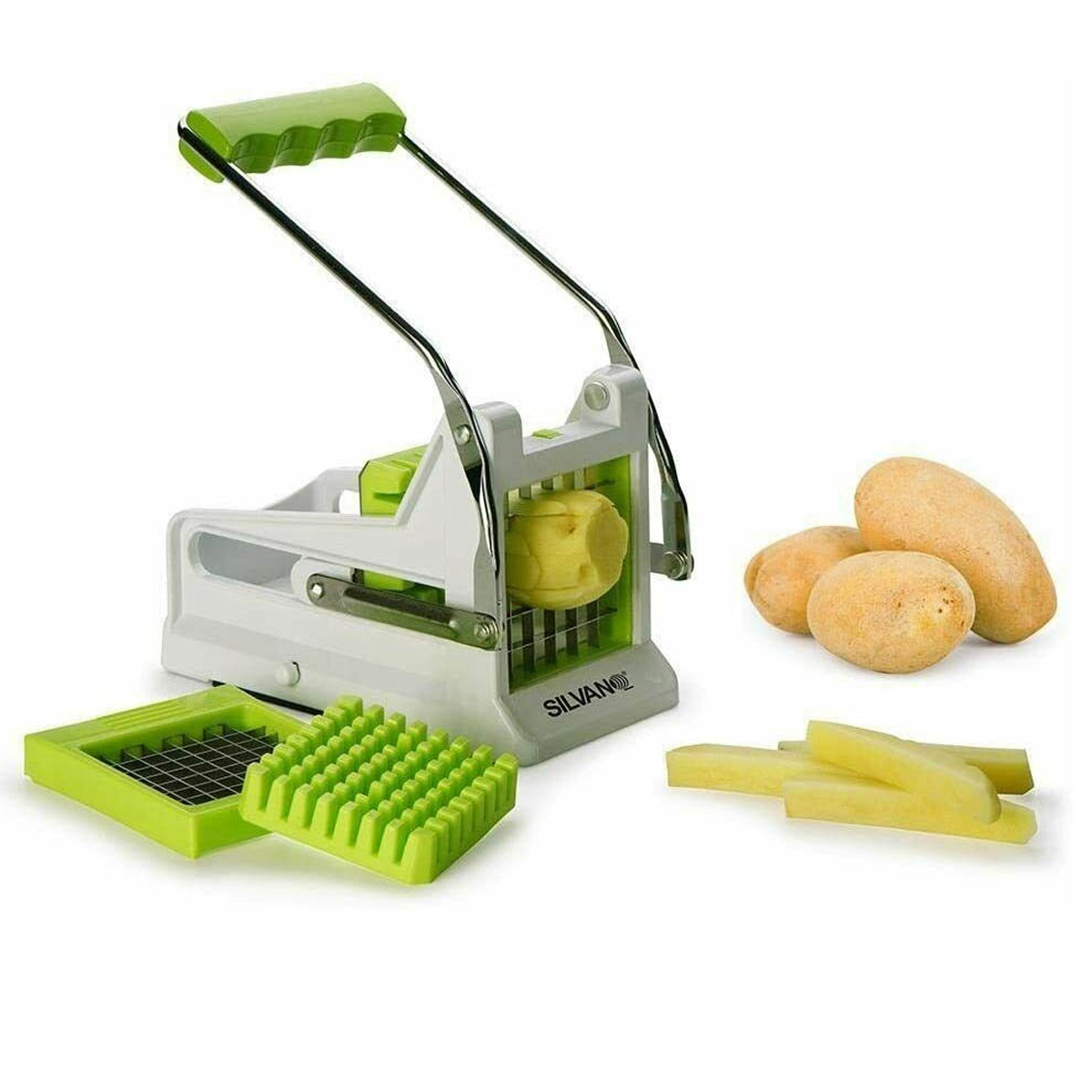 Troceador De Patatas fritas 48vc730 agd multicolor cortador con palanca uso incluye 2 cuchillas distinto grosor prepara caseras color blanco y verde