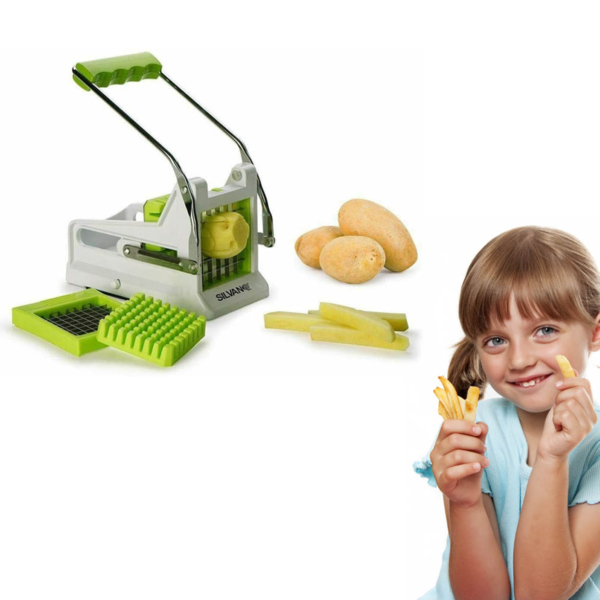 Niña sonriendo con papas fritas, cortador de papas, papas y papas fritas cortadas en blanco.
