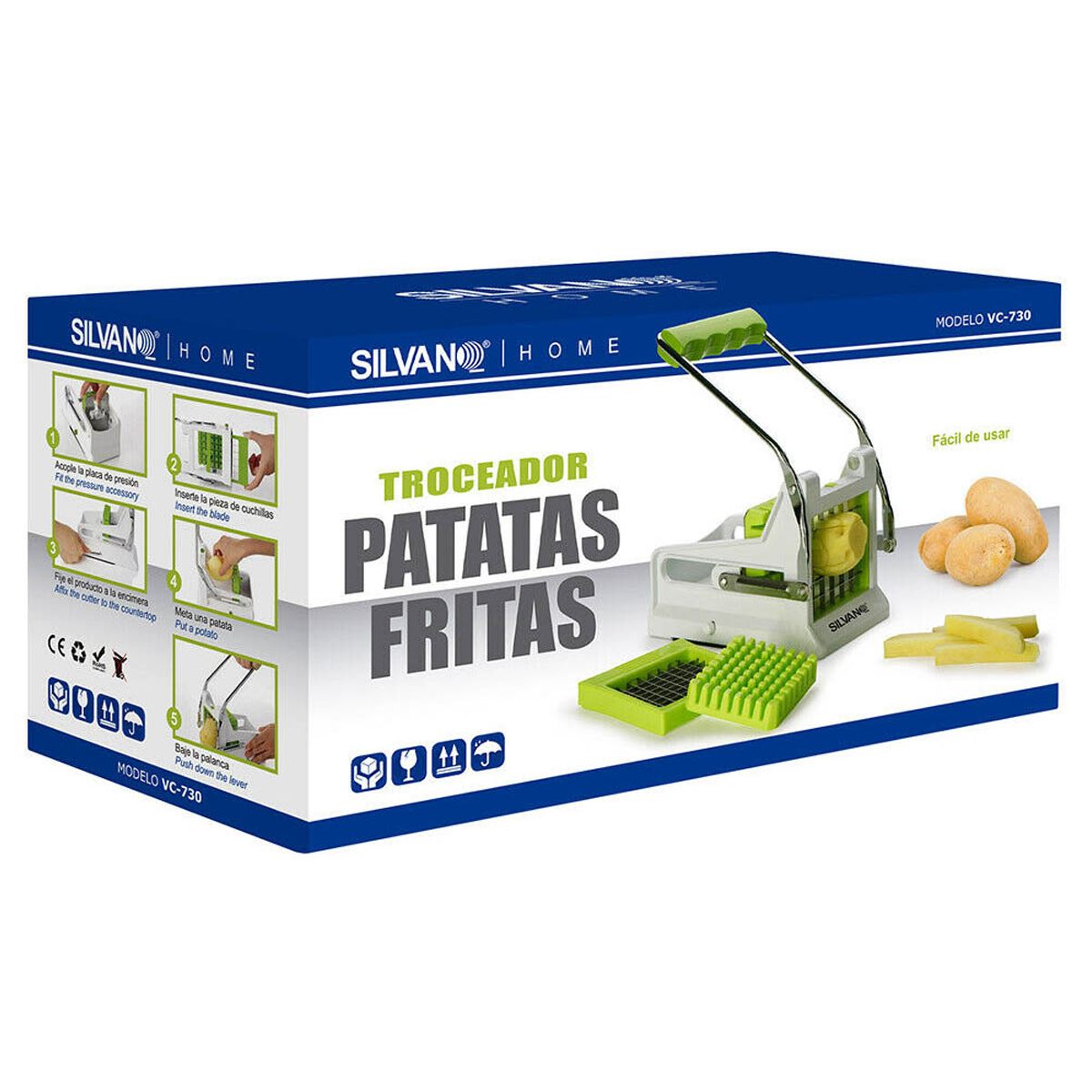 Caja con cortador de patatas y instrucciones para hacer patatas fritas.