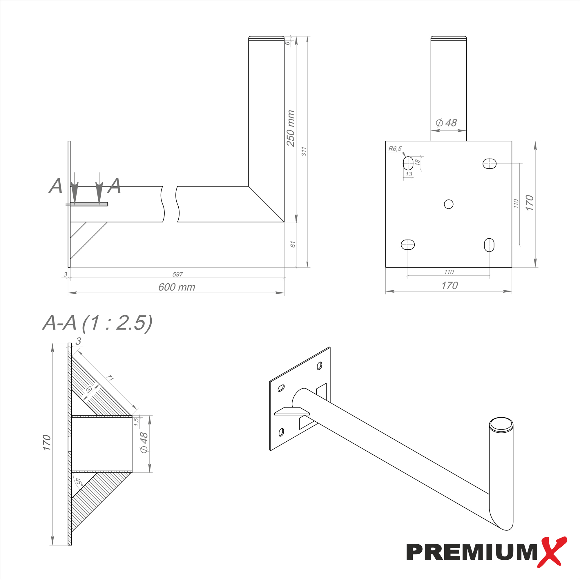 PREMIUMX 60cm SAT verzinkt Silber Wandhalter Verstrebung mit Halterung SAT-Wandhalterung, Stahl Wand