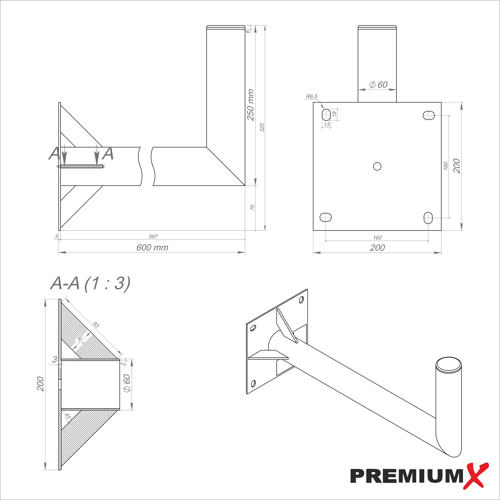 PREMIUMX 60cm Ø Stahl Schraubensatz Silber Halter SAT-Wandhalterung, Verstrebung SAT mit 60mm Wandhalter