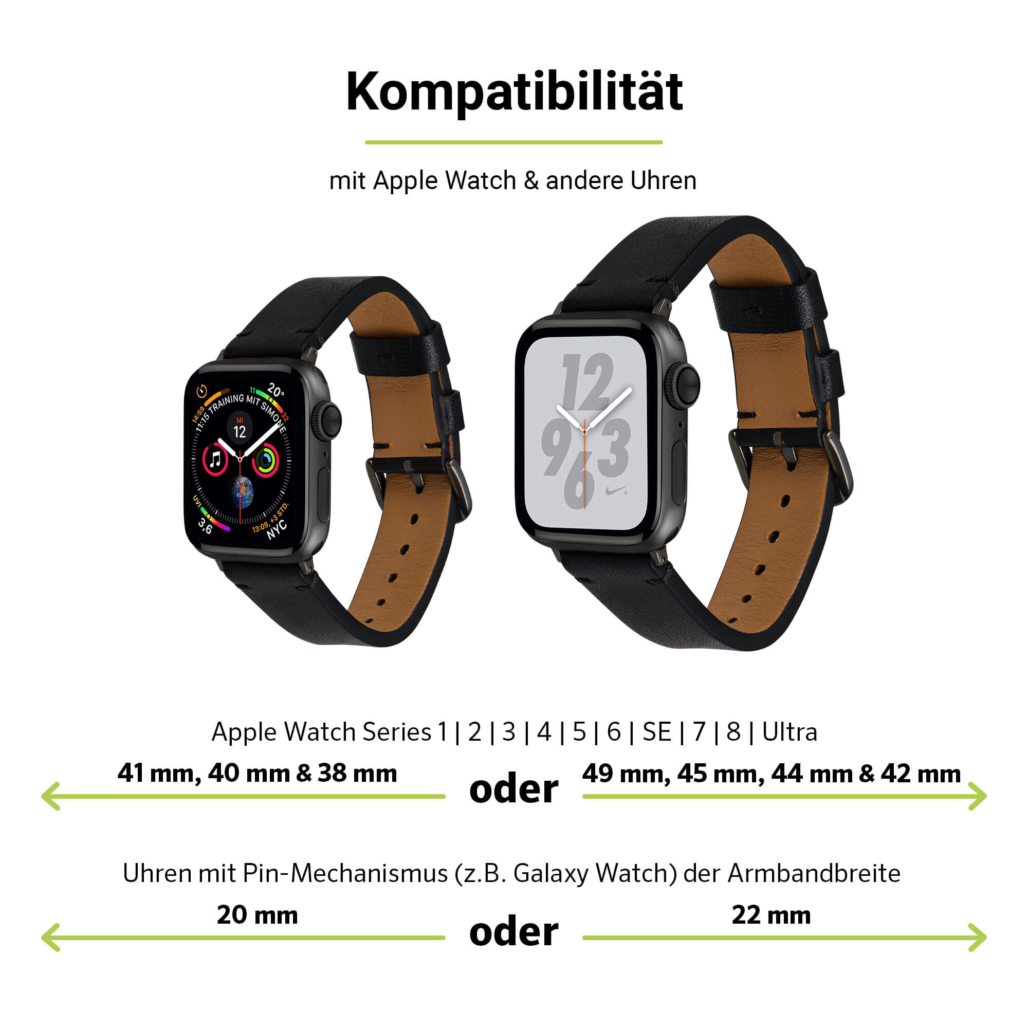 ARTWIZZ WatchBand Apple, 9-7 Series Apple Leather, Smartband, (38mm), (41mm), 6-4 (40mm), 3-1 & Watch SE Schwarz