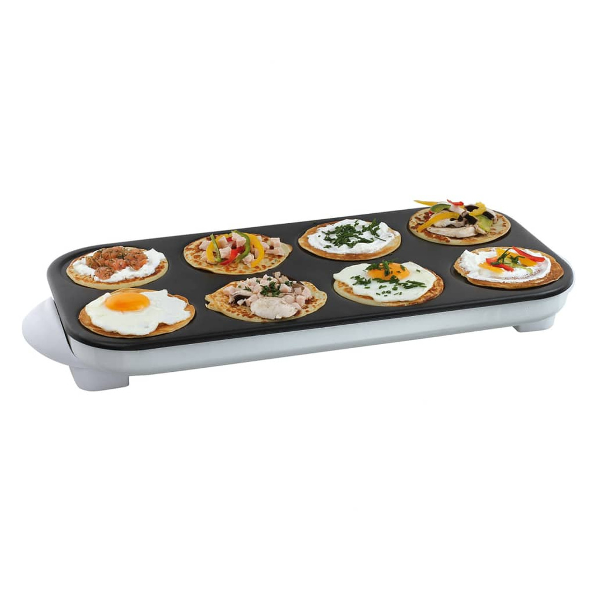 Piastra per mini pancake con vari pancake cotti, ciascuno con diversi condimenti.