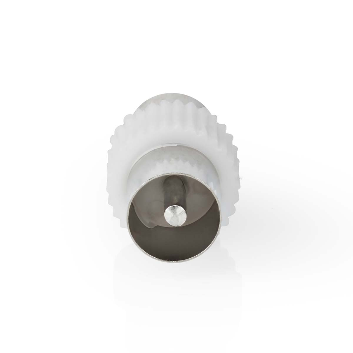 Un connettore per cavo coassiale bianco con un guscio esterno arrotondato e un perno centrale.