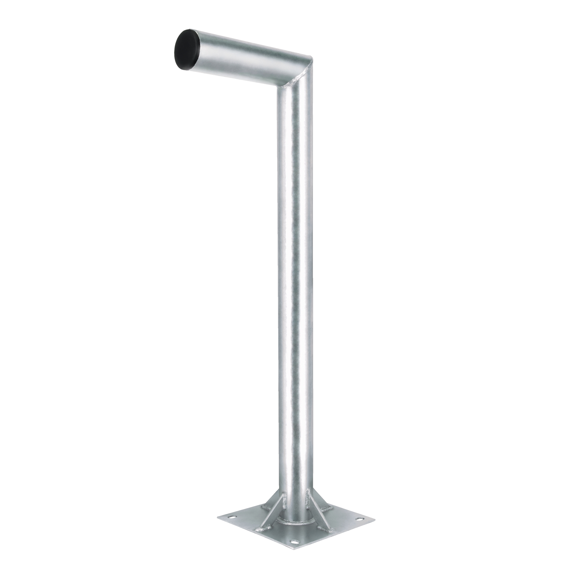 Silberne Metallstange mit schwarzem Oberteil, montiert auf quadratischer Basis, weißer Hintergrund.