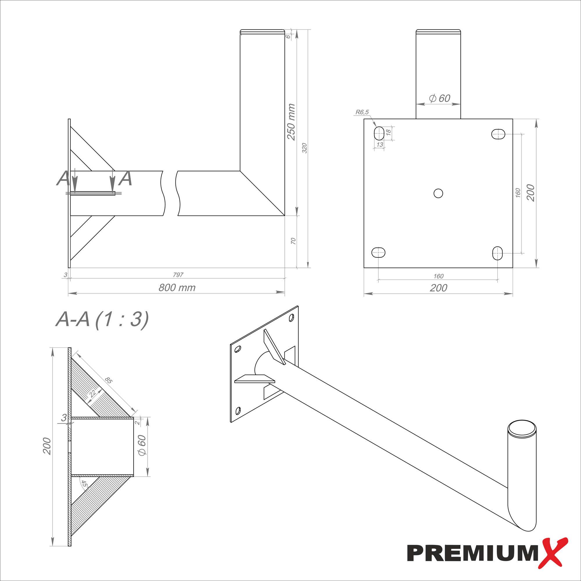 PREMIUMX 80cm mit inkl. Verstrebung Stahl Wandhalter 60mm SAT-Wandhalterung, Schraubensatz Silber Ø