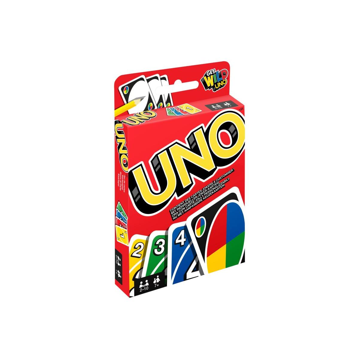 Czerwone, żółte, zielone i niebieskie pudełko do gry w karty UNO, z kartami i ołówkiem.