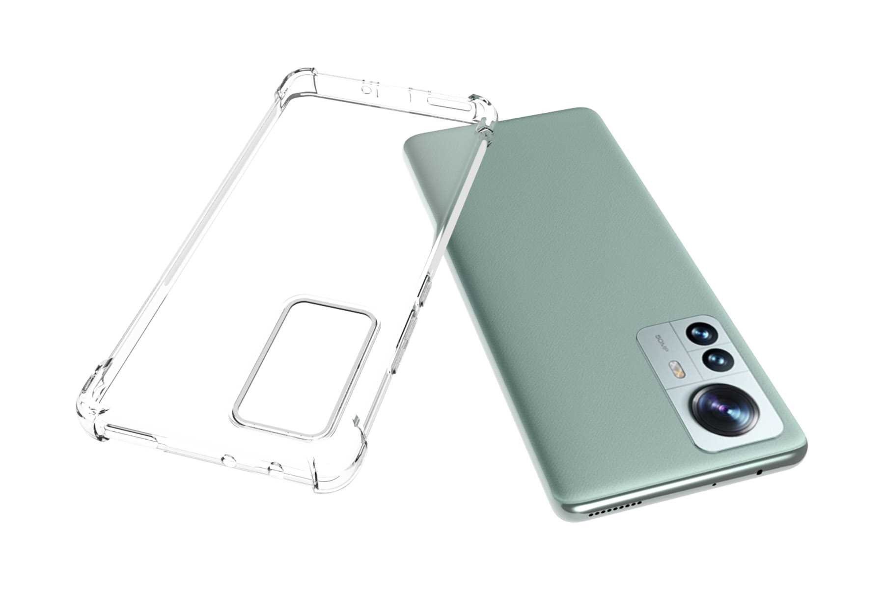 Ein grünes Telefon und eine transparente Hülle auf weißem Hintergrund. Die Hülle ist nicht befestigt.