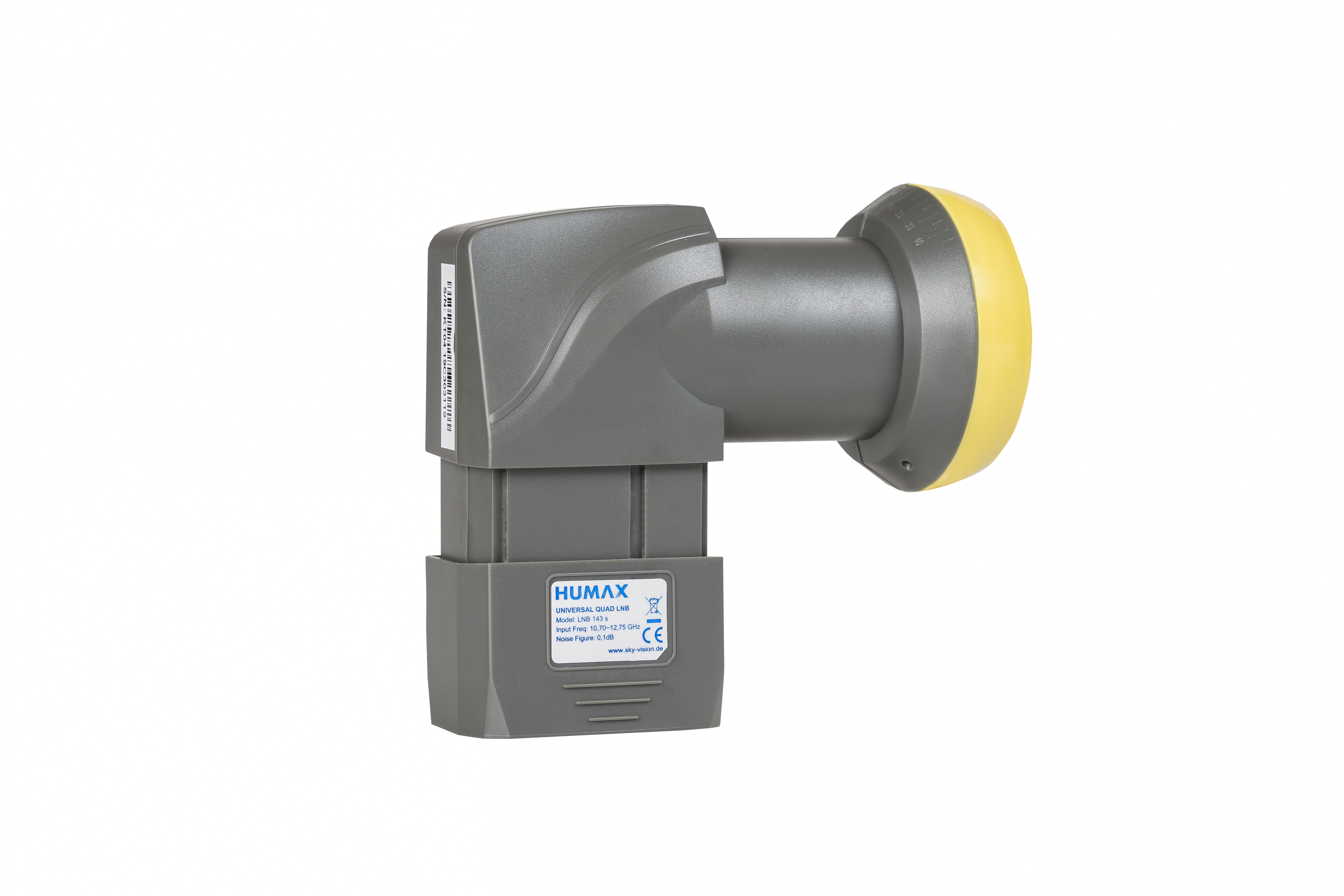 Szary odbiornik satelitarny Humax LNB, żółty koniec, widok z perspektywy na białym tle.