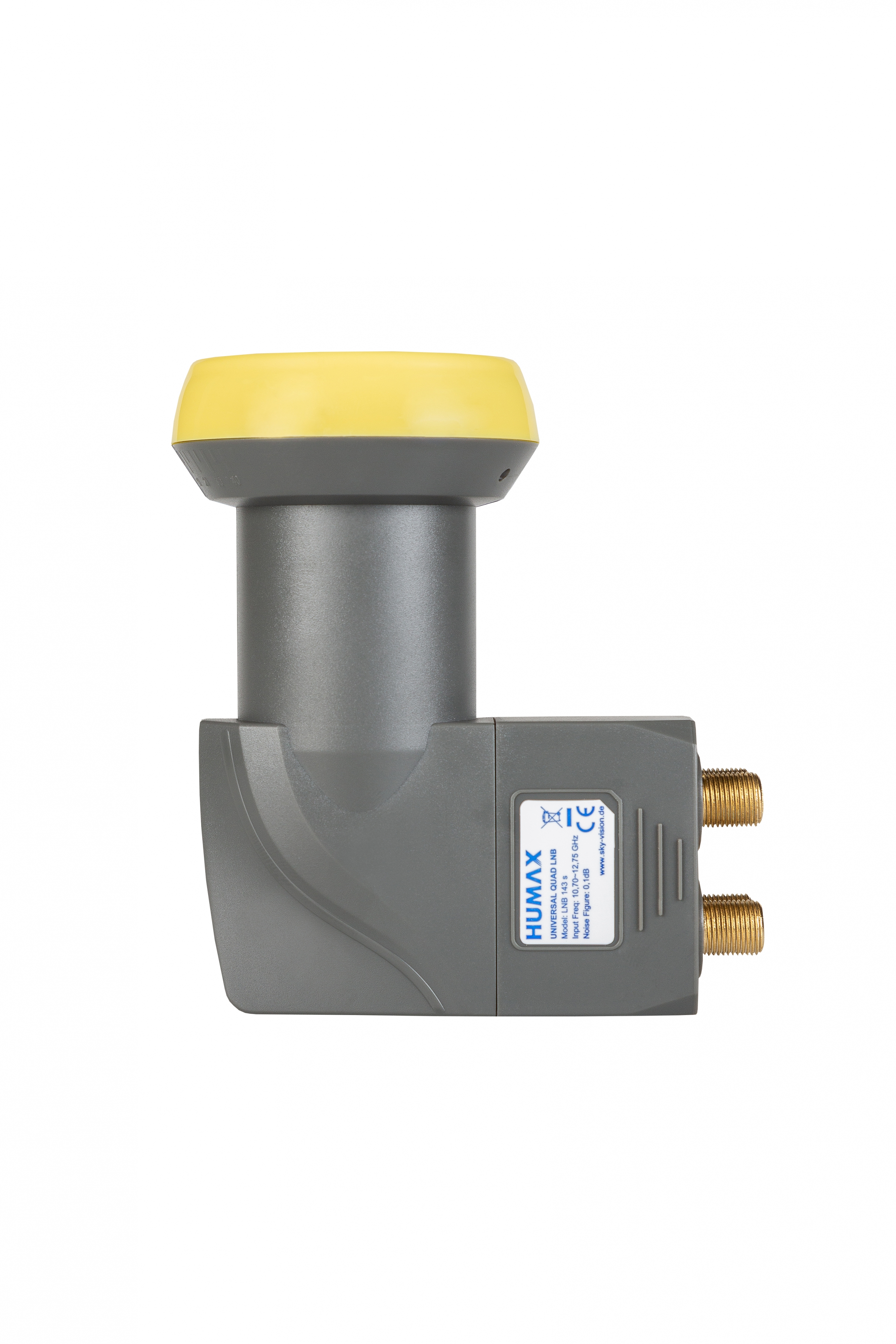 Szary konwerter satelitarny LNB z żółtą osłoną, z dwoma złotymi złączami.