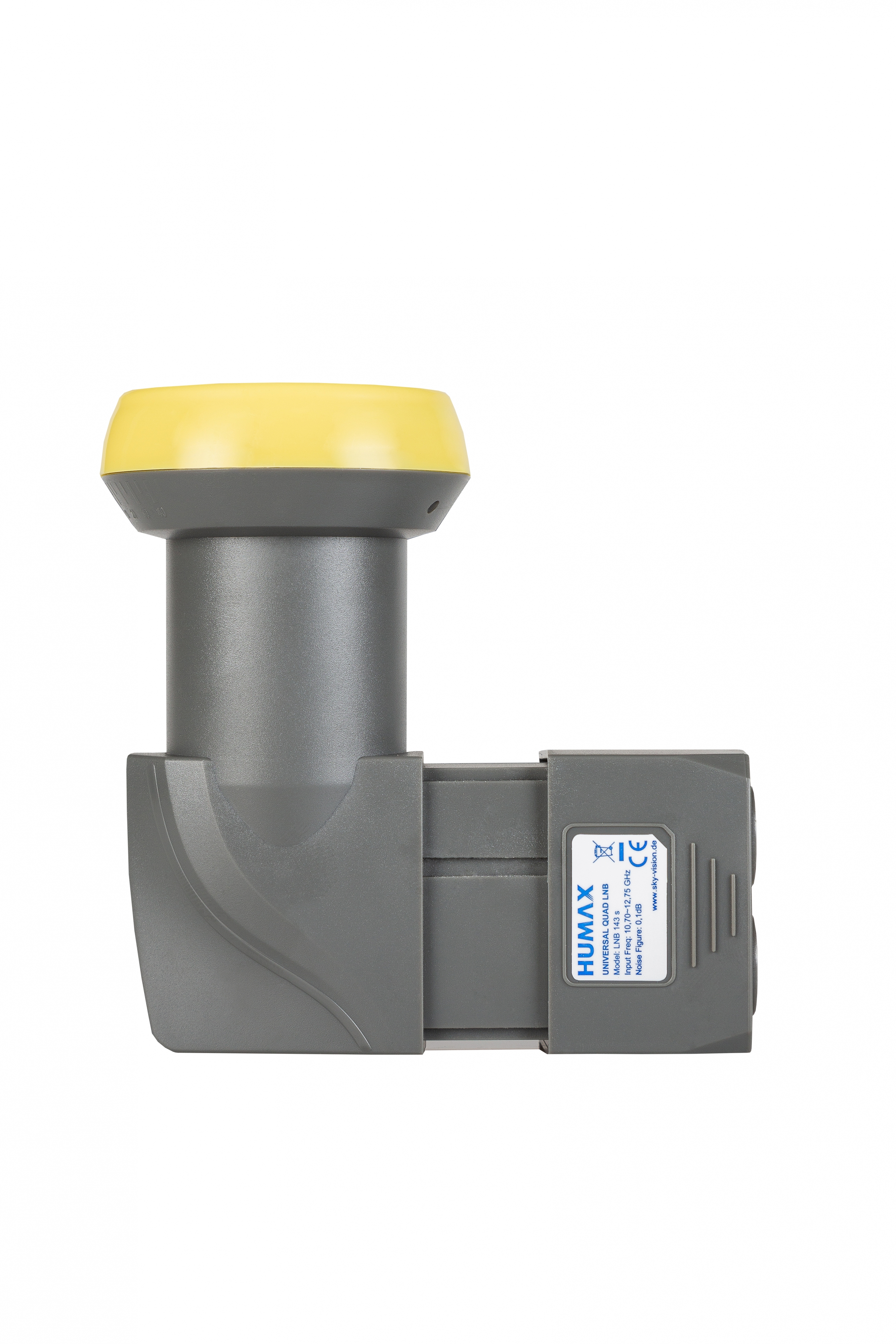 Szary i żółty odbiornik satelitarny do telewizora na białym tle.