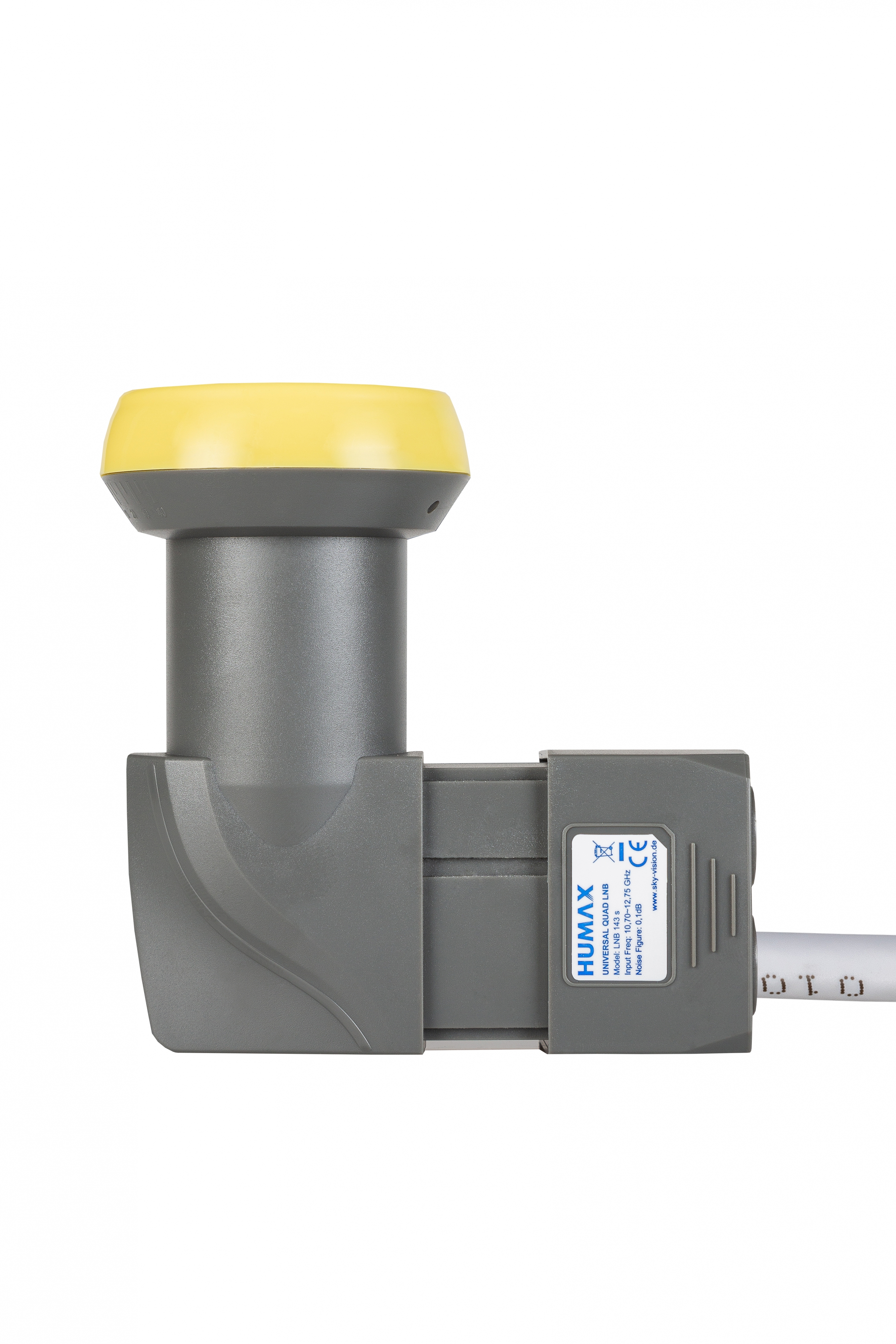 Szary odbiornik satelitarny z żółtą nasadką. Białe tło.