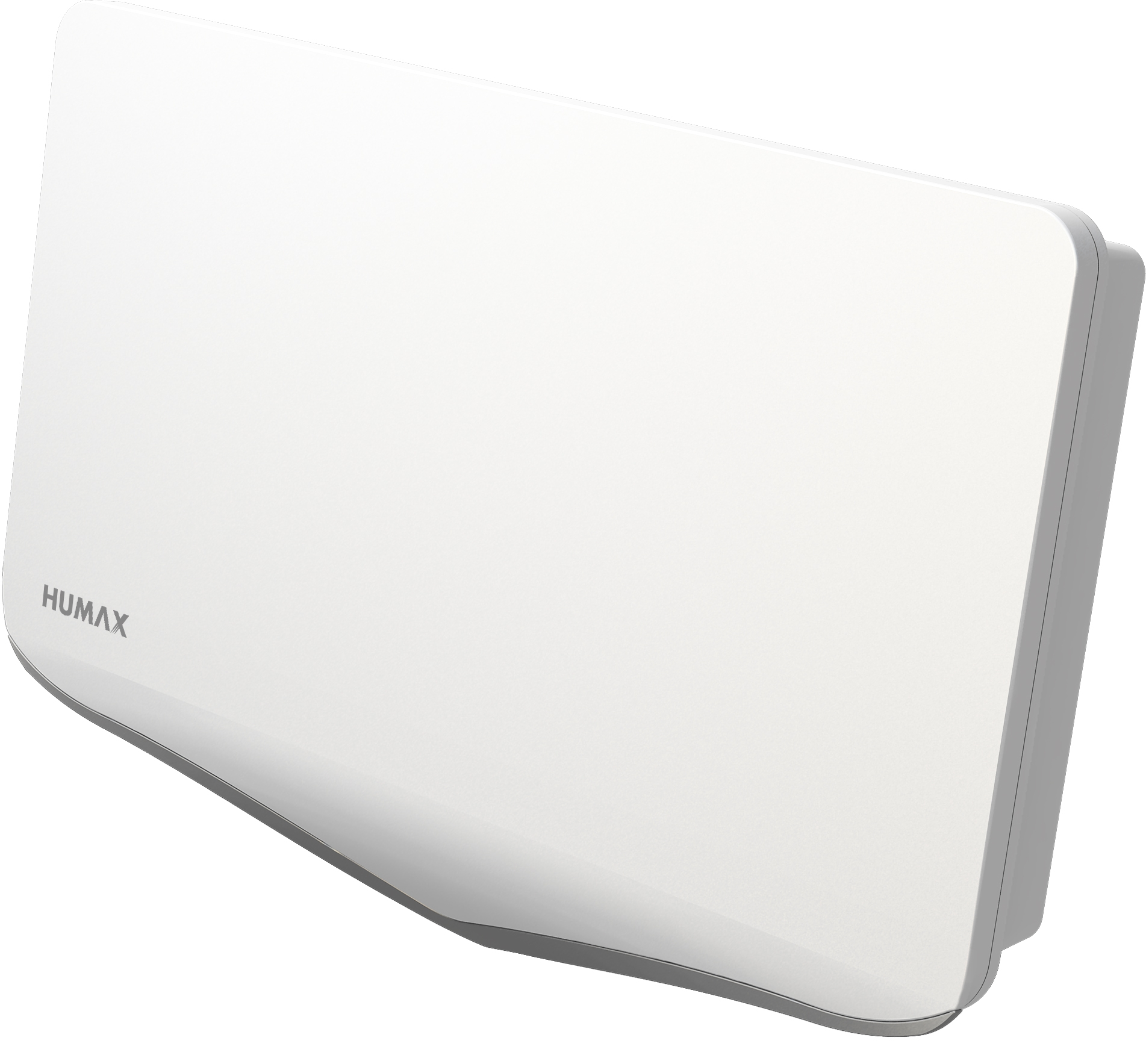 Weiße Humax-Antenne mit geschwungenem Design. Graue Kanten und Humax-Logo vorne.