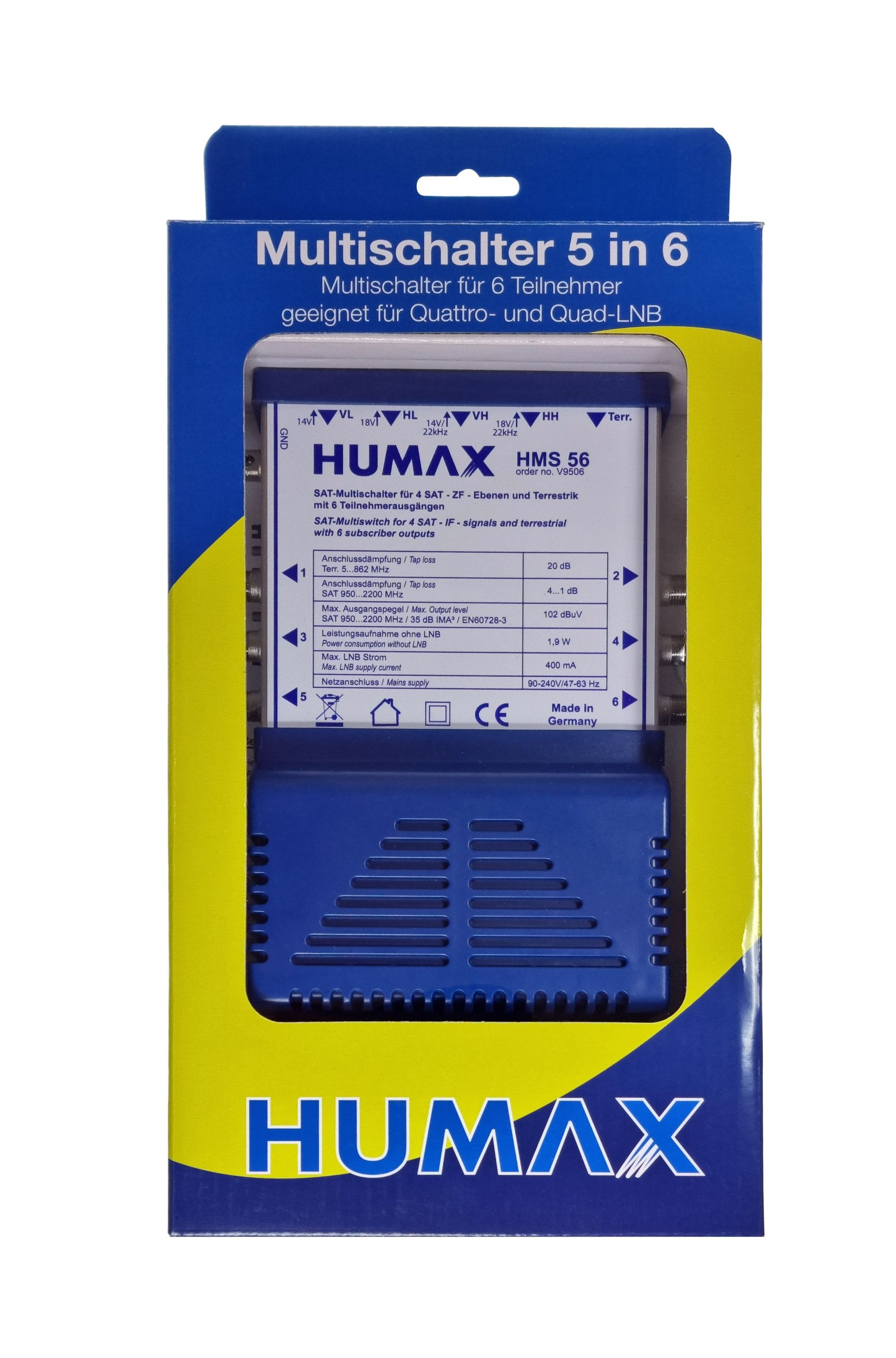 Eine blau-gelbe Box mit einem Humax Multiswitch darin.