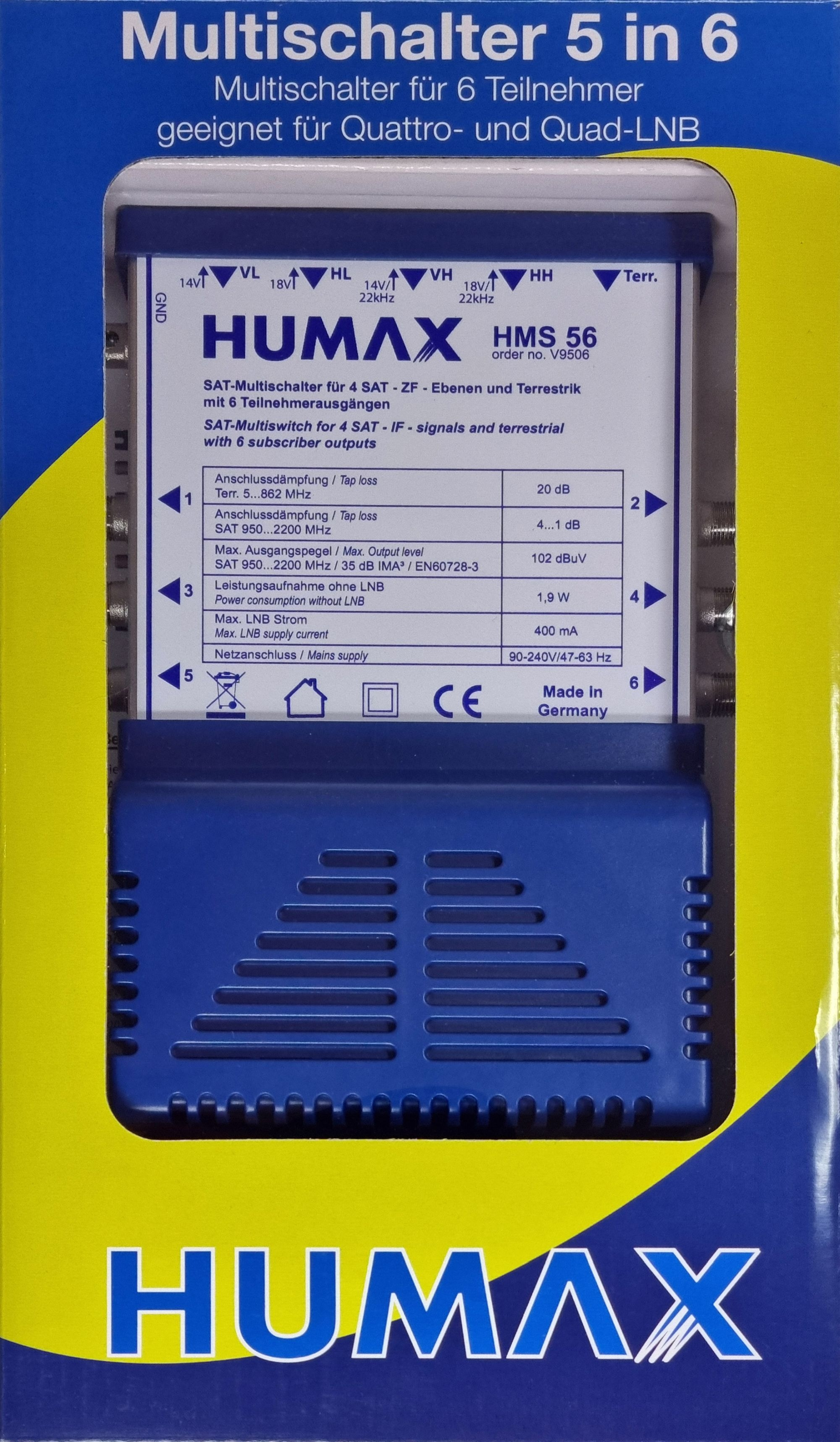 Eine blau-weiße Box mit einem Humax-Gerät. Text auf der Box beschreibt das Gerät.