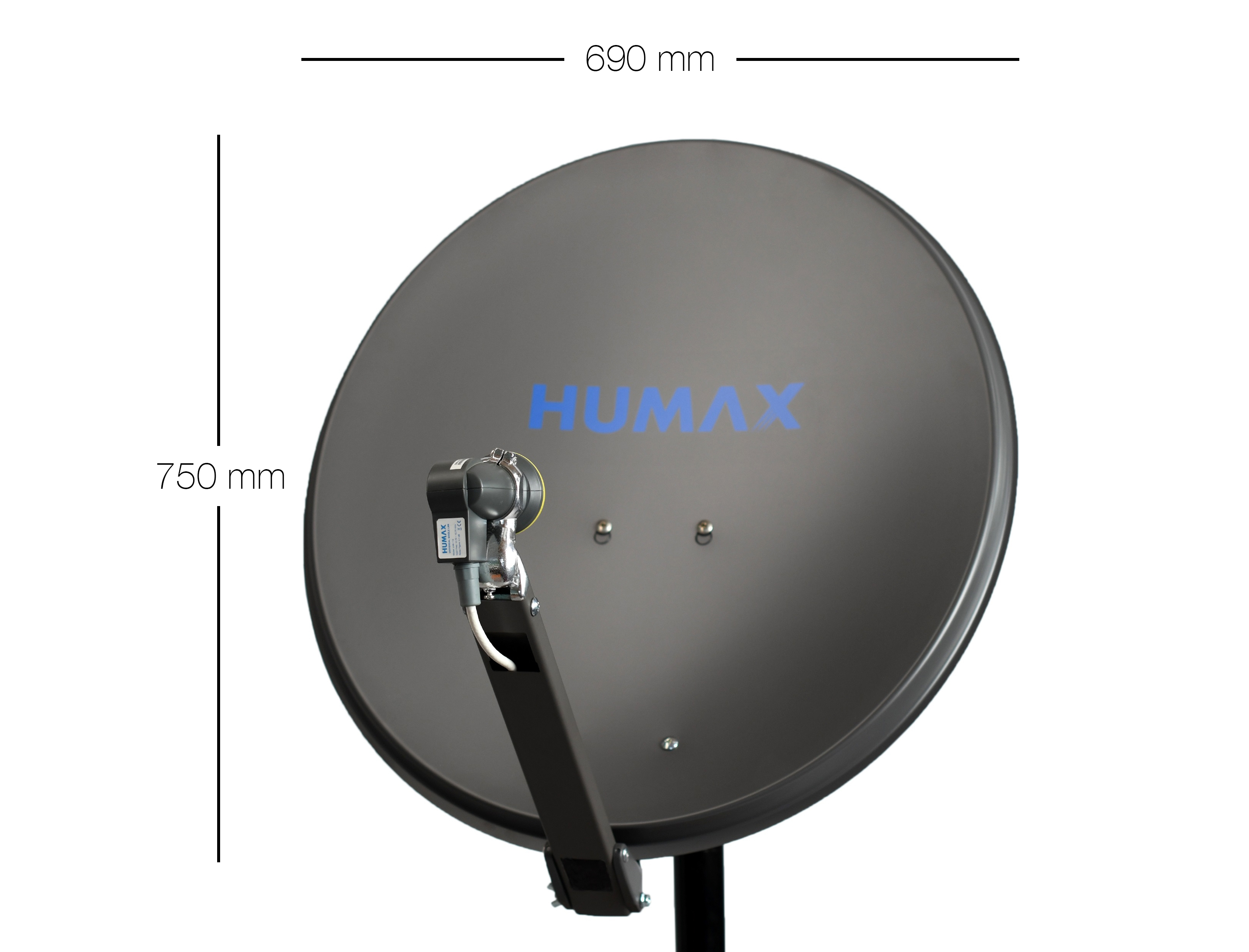 Eine große, schwarze Satellitenschüssel mit 'HUMAX' in blauen Buchstaben auf weißem Hintergrund.