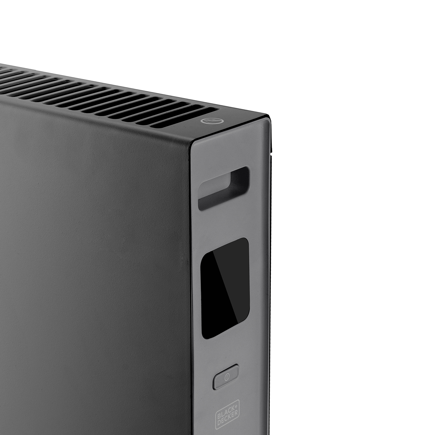 Czarny i szary grzejnik elektryczny Black+Decker, zbliżenie, na białym tle.