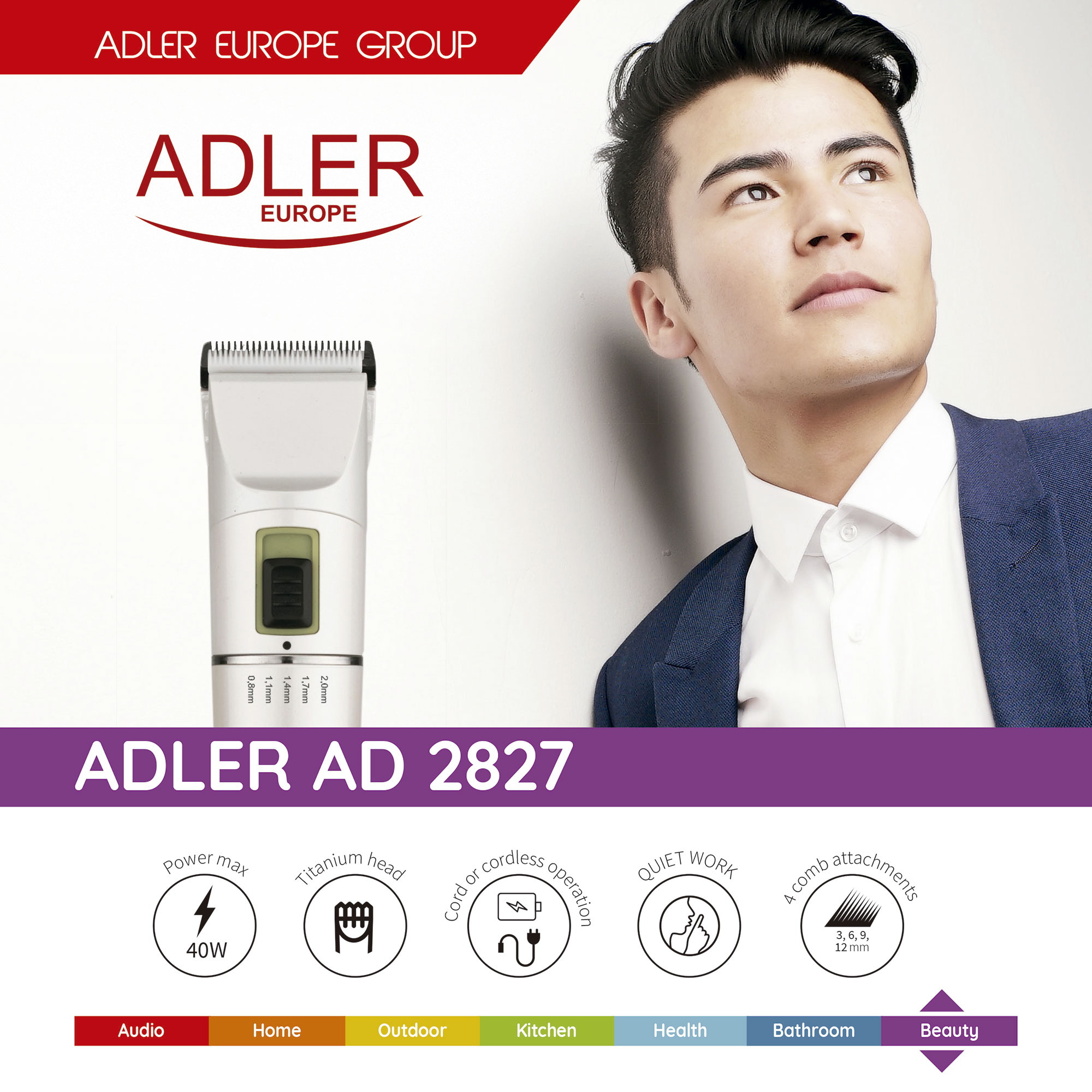 Mann mit weißem Clipper neben Text über das Produkt.