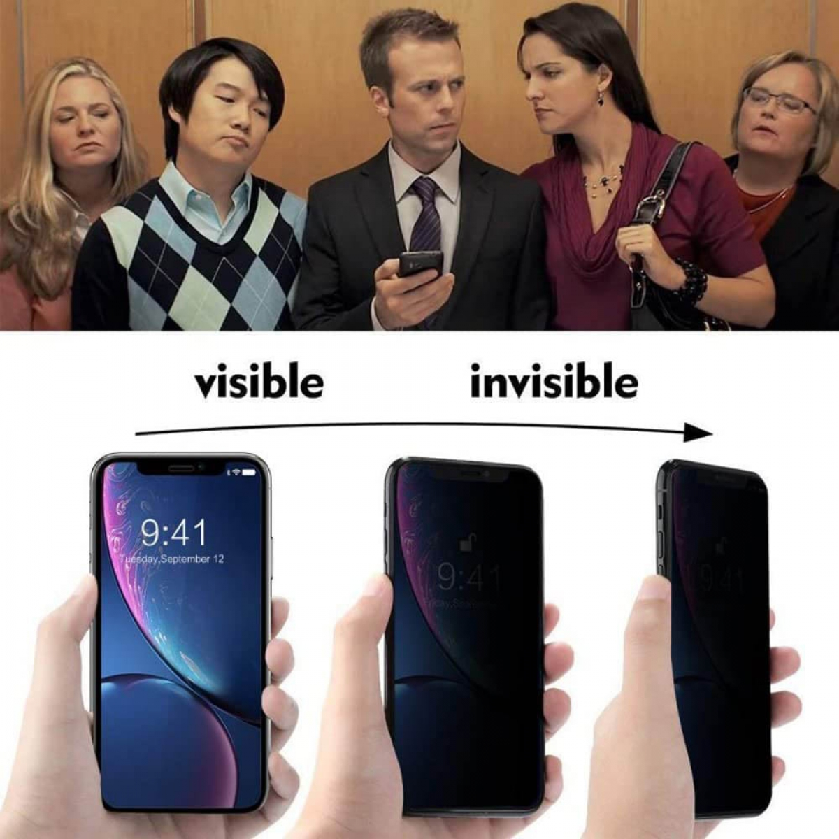 Bild zeigt Menschen im Aufzug und Smartphones mit sichtbaren und unsichtbaren Bildschirmen.