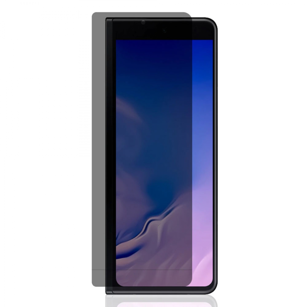 Ein schwarzes Smartphone mit blau-lila Farbverlauf-Bildschirm, aufrecht stehend vor weißem Hintergrund. Das Telefon ist glänzend.