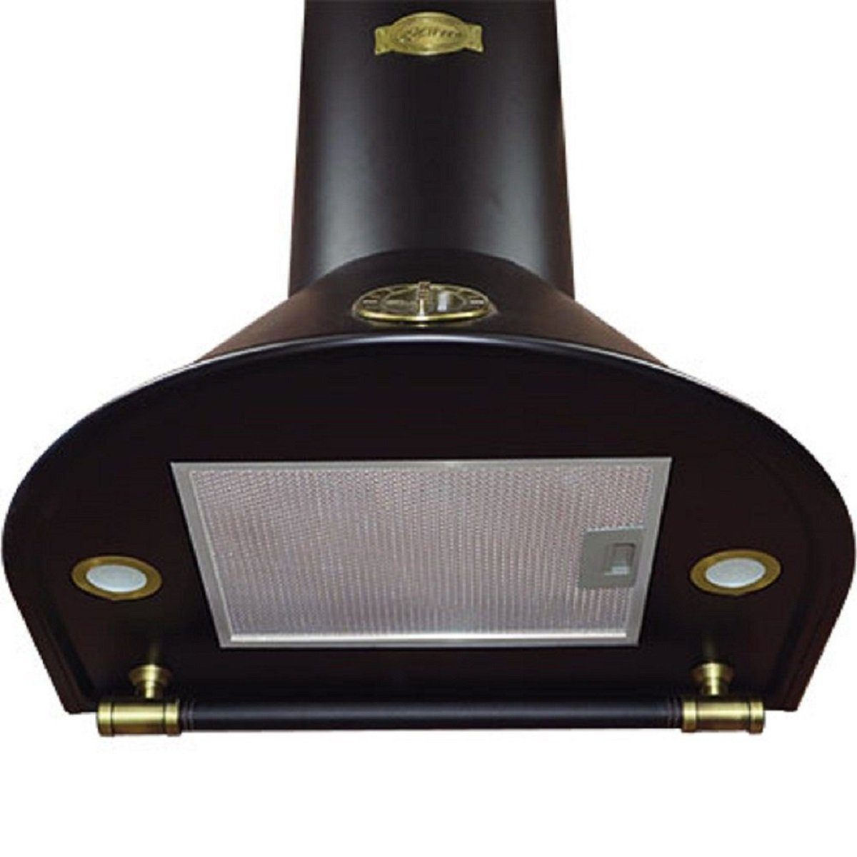 Eine schwarze Dunstabzugshaube mit goldenen Akzenten. Sie hat einen Filter und Lichter.