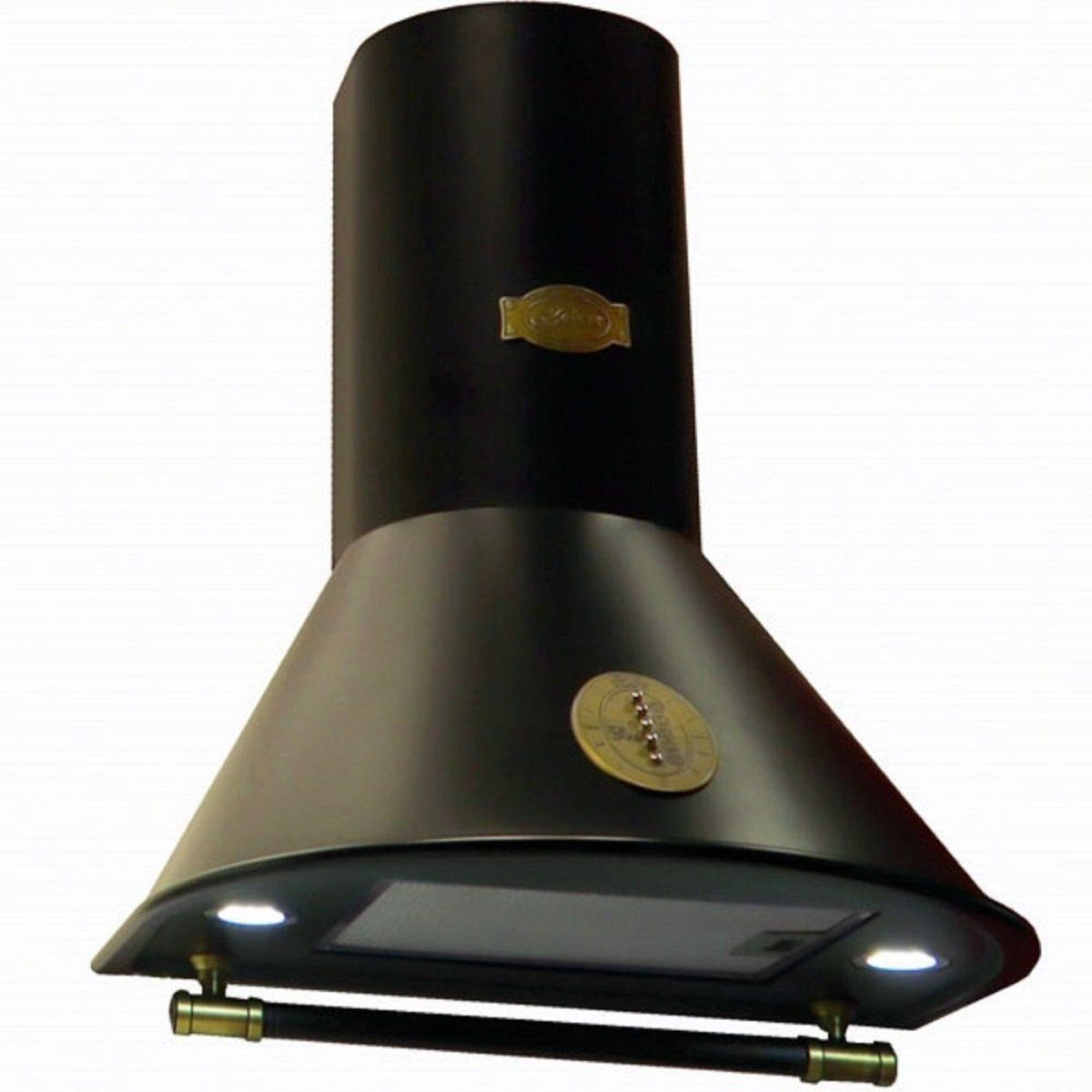 Schwarze Dunstabzugshaube mit Lichtern und goldenem Emblem, auf weißem Hintergrund montiert.