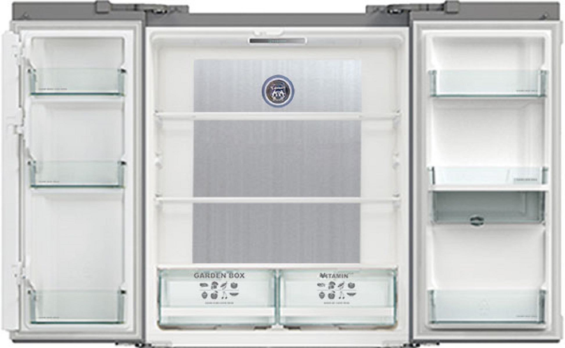 Ein geöffneter Kühlschrank mit Regalen, Schubladen und Edelstahlplatte.