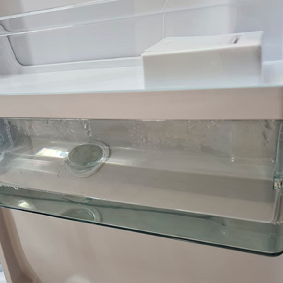 Inneres eines Kühlschranks mit einem durchsichtigen Wassertank und Wasserspender.