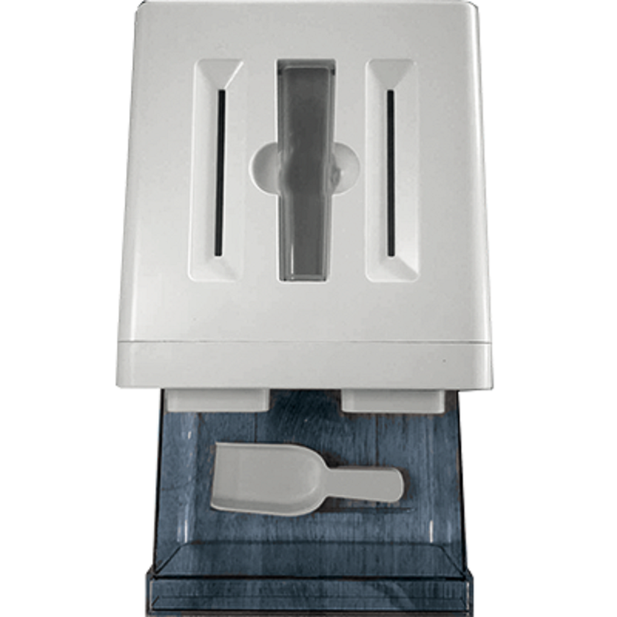 Weißer Toaster mit zwei Schlitzen und Krümelschublade. Die Schublade ist blau. Ansicht von vorne.