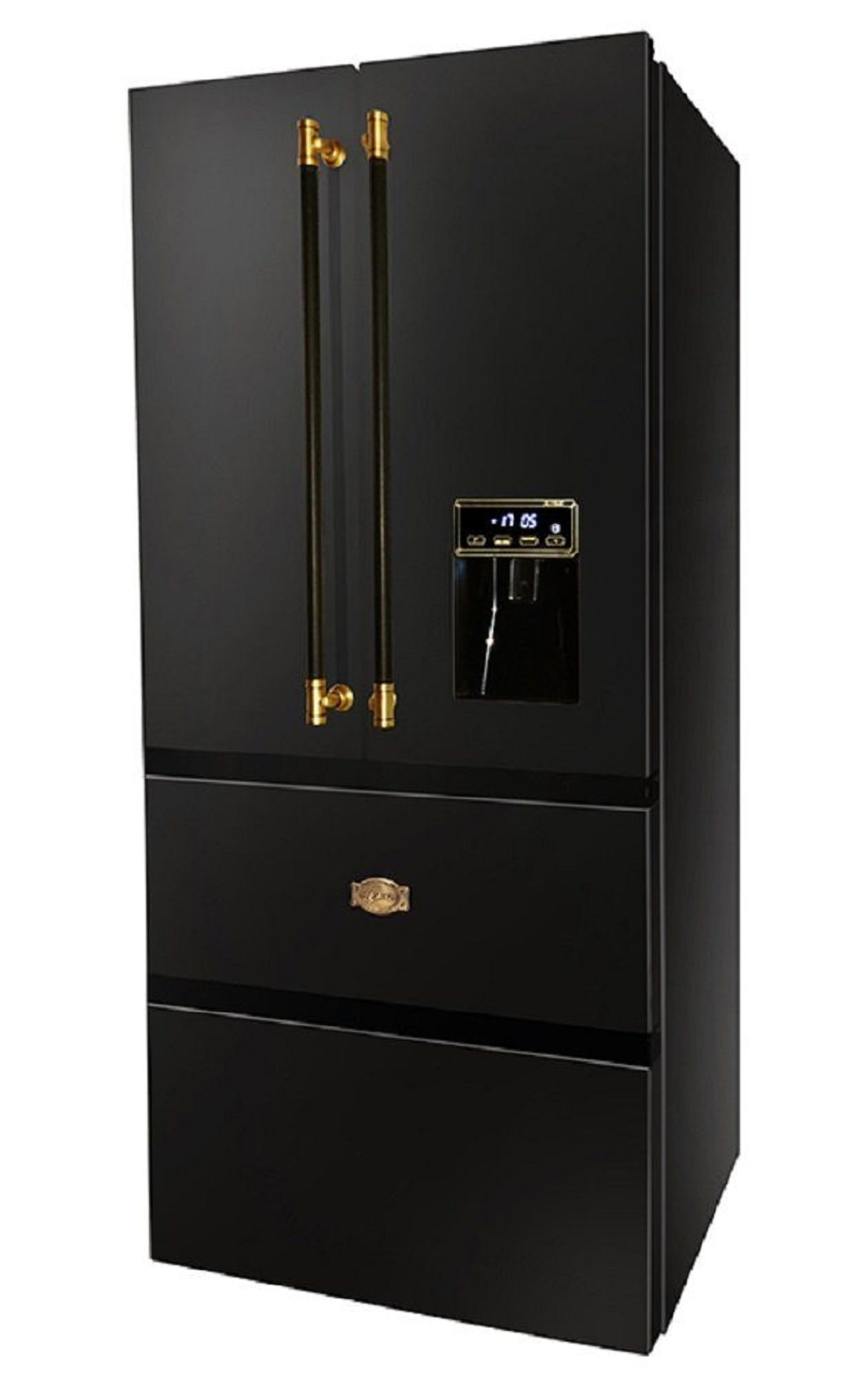 Ein schwarzer Kühlschrank mit goldenen Griffen und einem Wasserspender. Eine Schublade ist geöffnet.