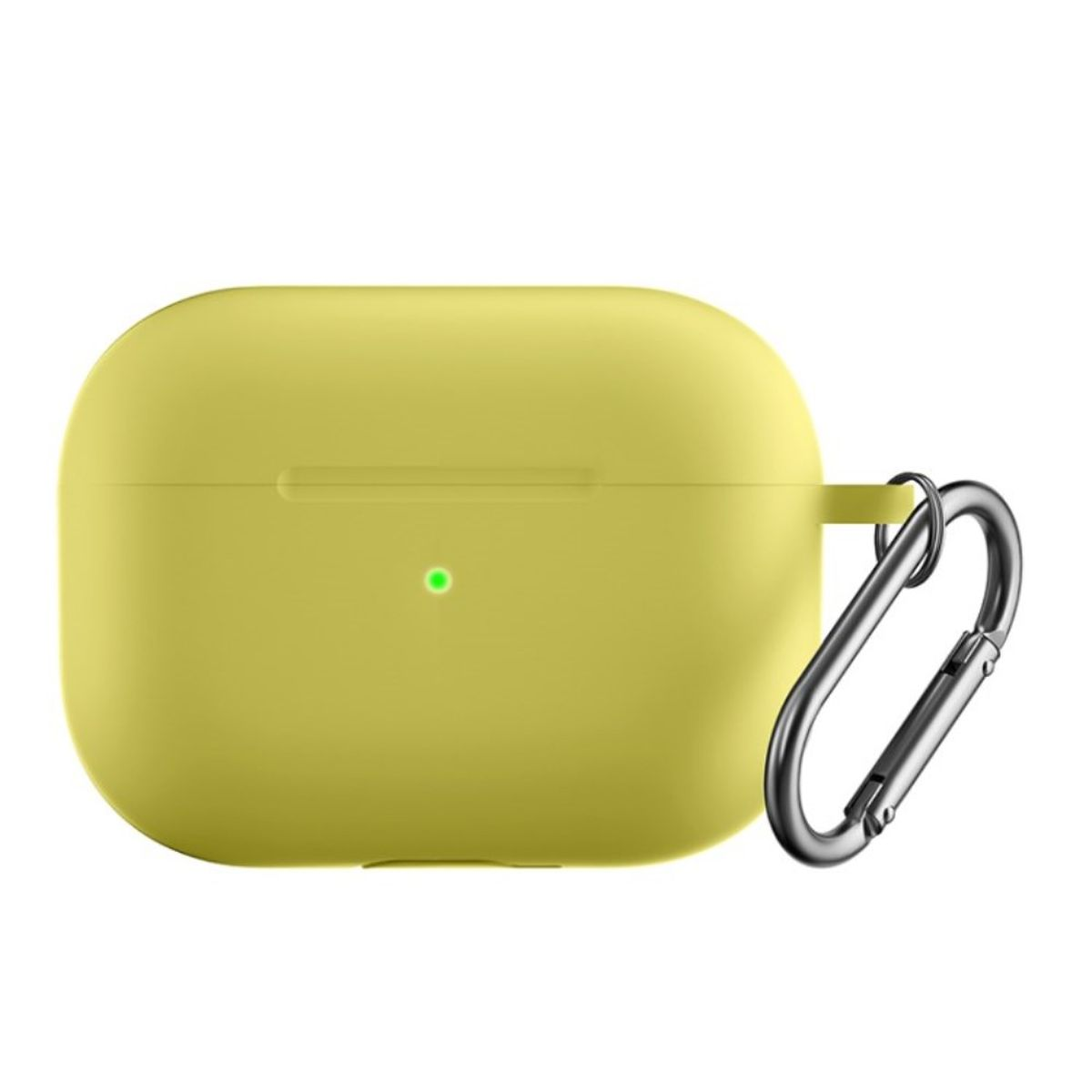Gelbes AirPods-Etui mit silbernem Clip.