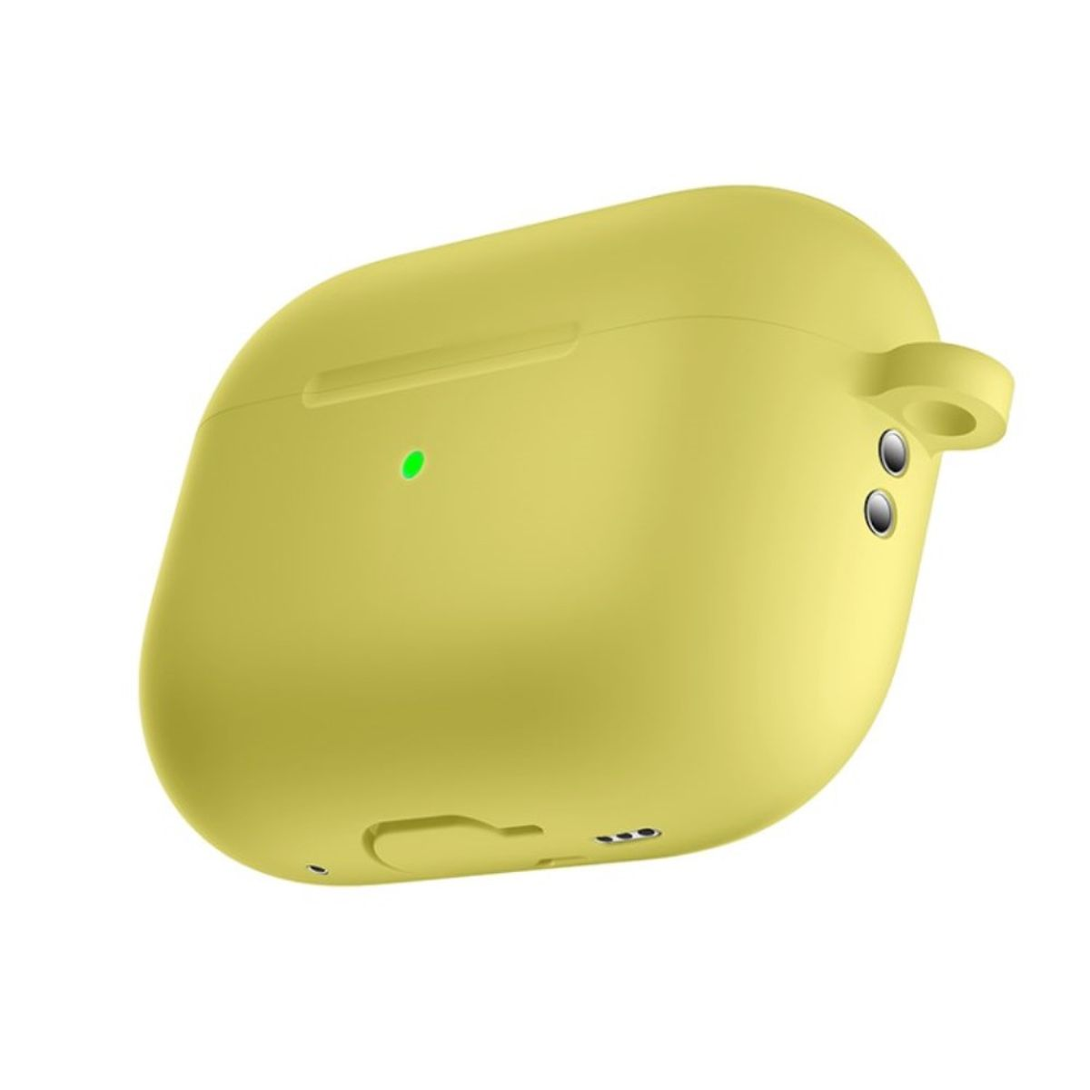 Gelbes AirPods-Case mit grünem Licht vorne und zwei Knöpfen oben.