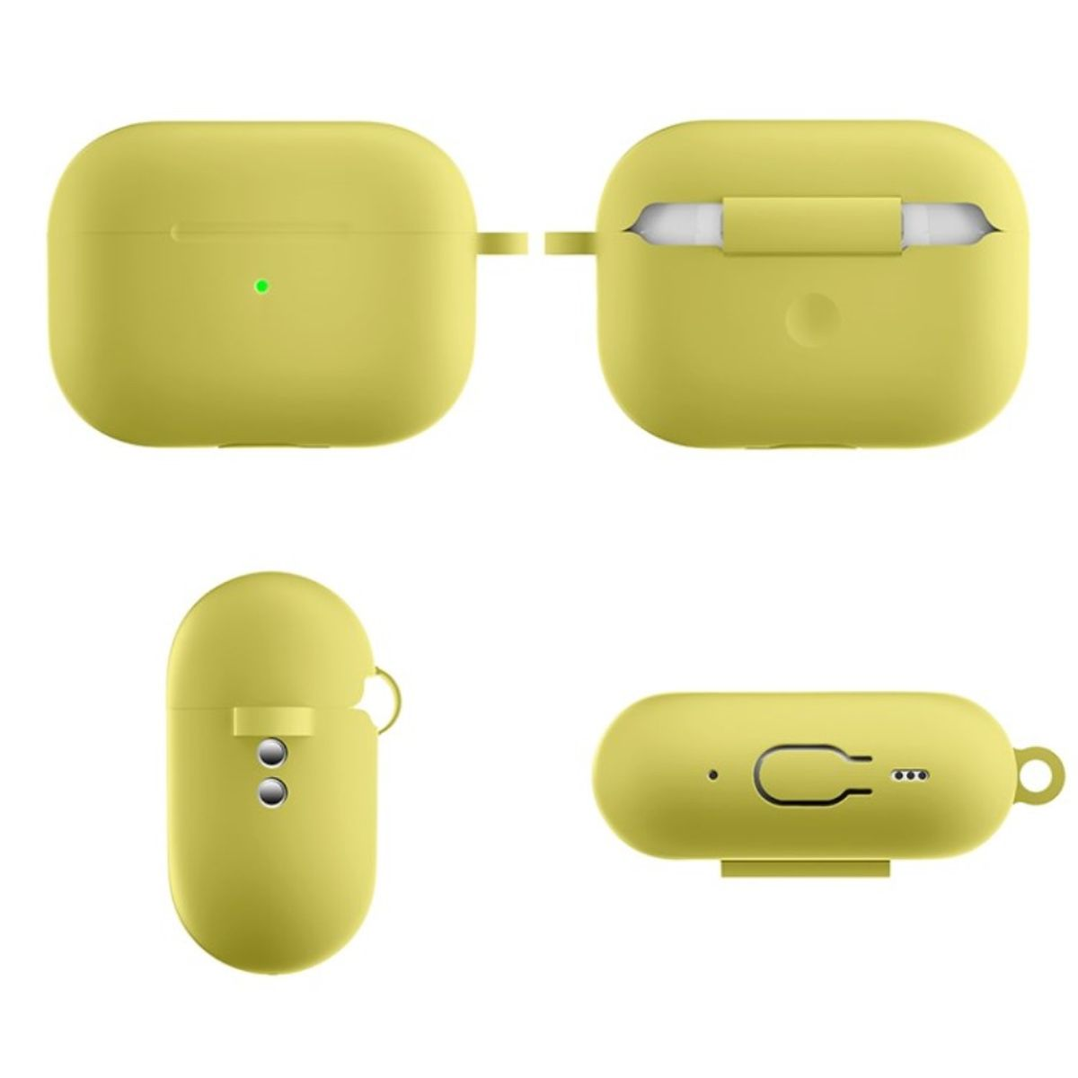 Vier Bilder eines gelben Ladeetuis für AirPods. Verschiedene Winkel werden gezeigt.