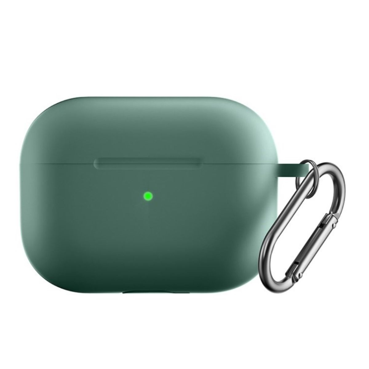 Grünes Kopfhörer-Etui mit silbernem Karabinerhaken, vor weißem Hintergrund. Es gibt ein grünes Licht.
