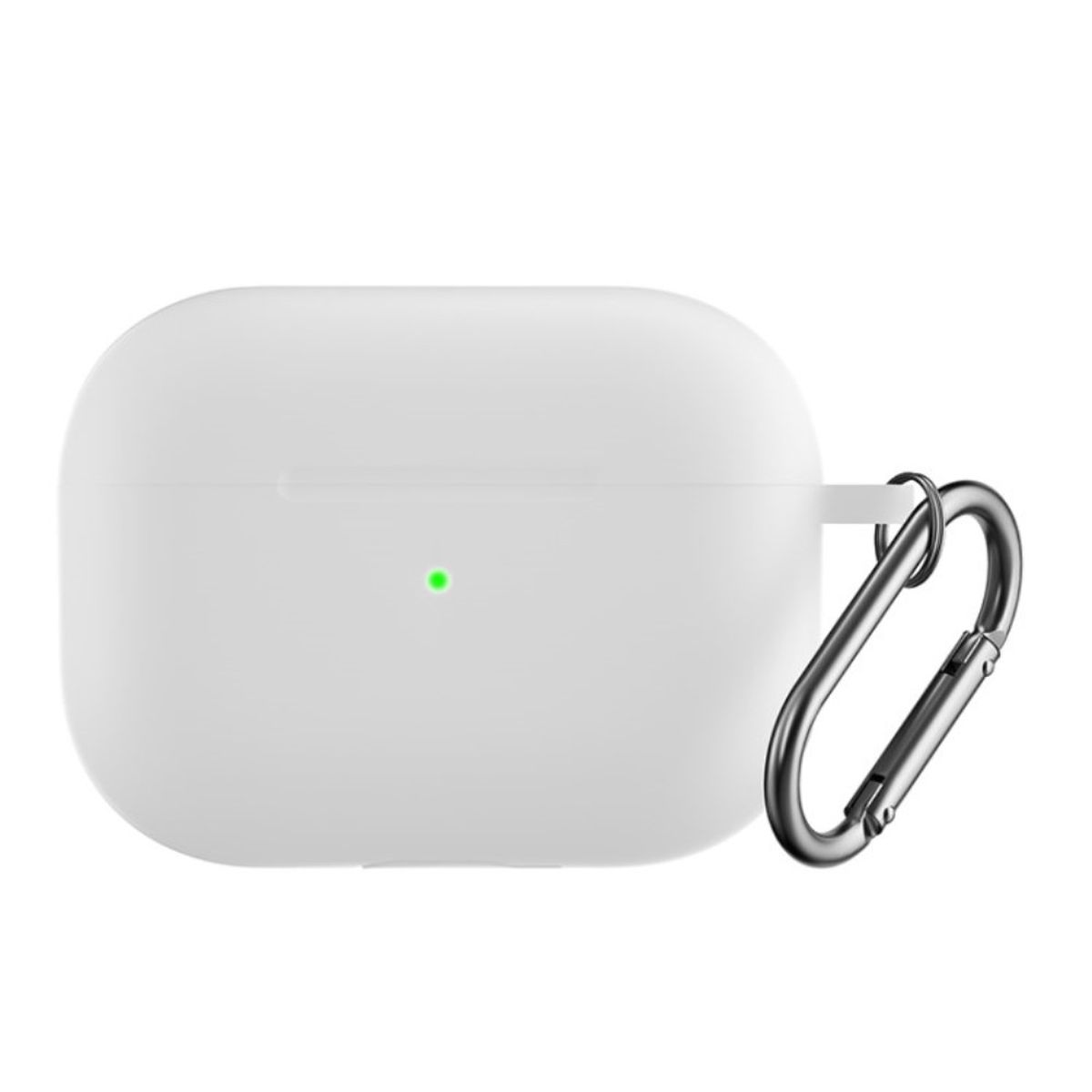 Weißes AirPods Pro-Etui mit silbernem Karabinerhaken und grünem Licht, weißer Hintergrund.