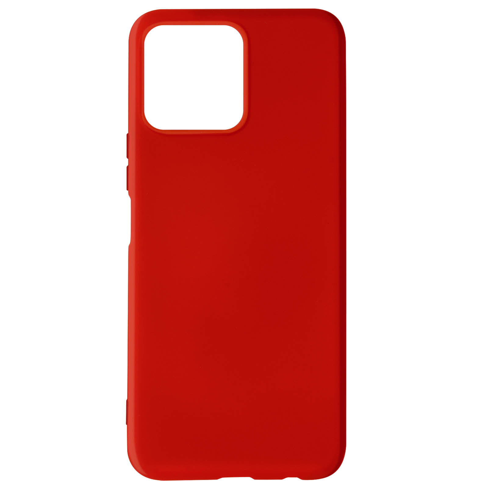 Custodia rossa per telefono. La custodia ha un ritaglio per la fotocamera e i pulsanti.