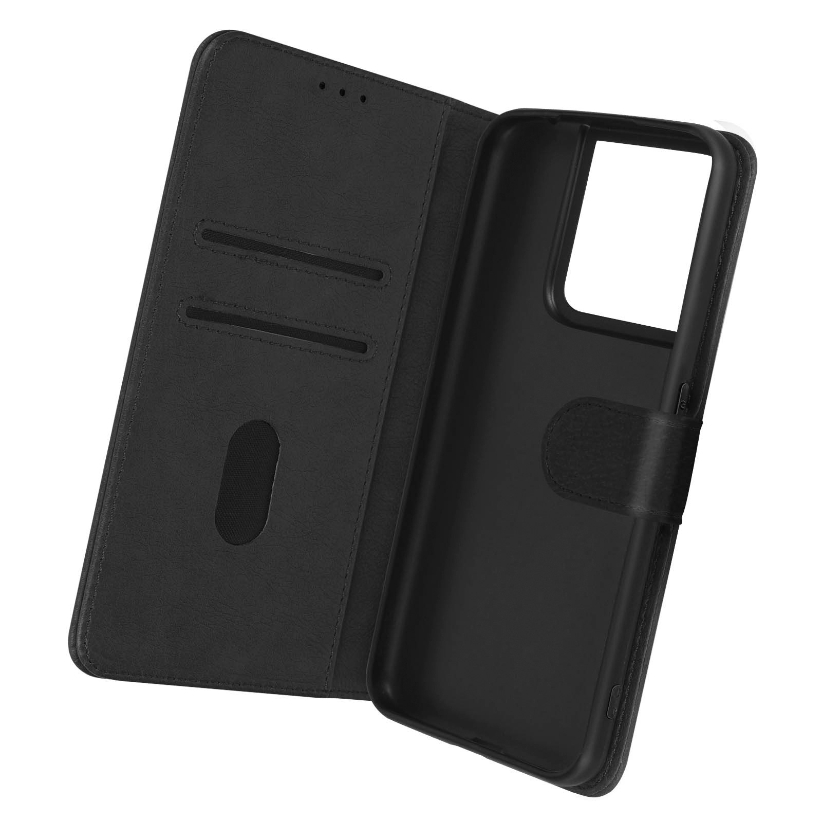 Zwarte telefoonhoes met open portemonnee-stijl, met kaartsleuven en telefoonhouder.