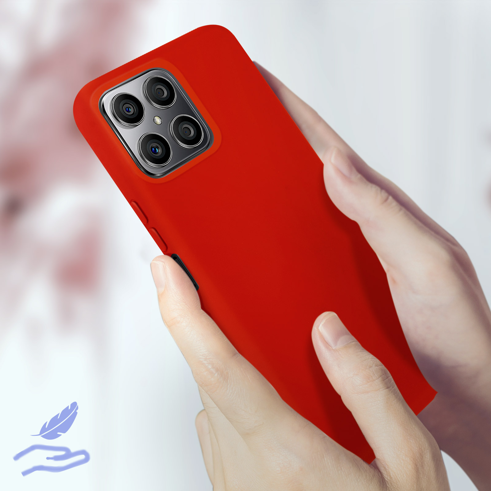 Una persona che tiene una custodia rossa per telefono. La custodia è sul telefono e presenta ritagli per la fotocamera.