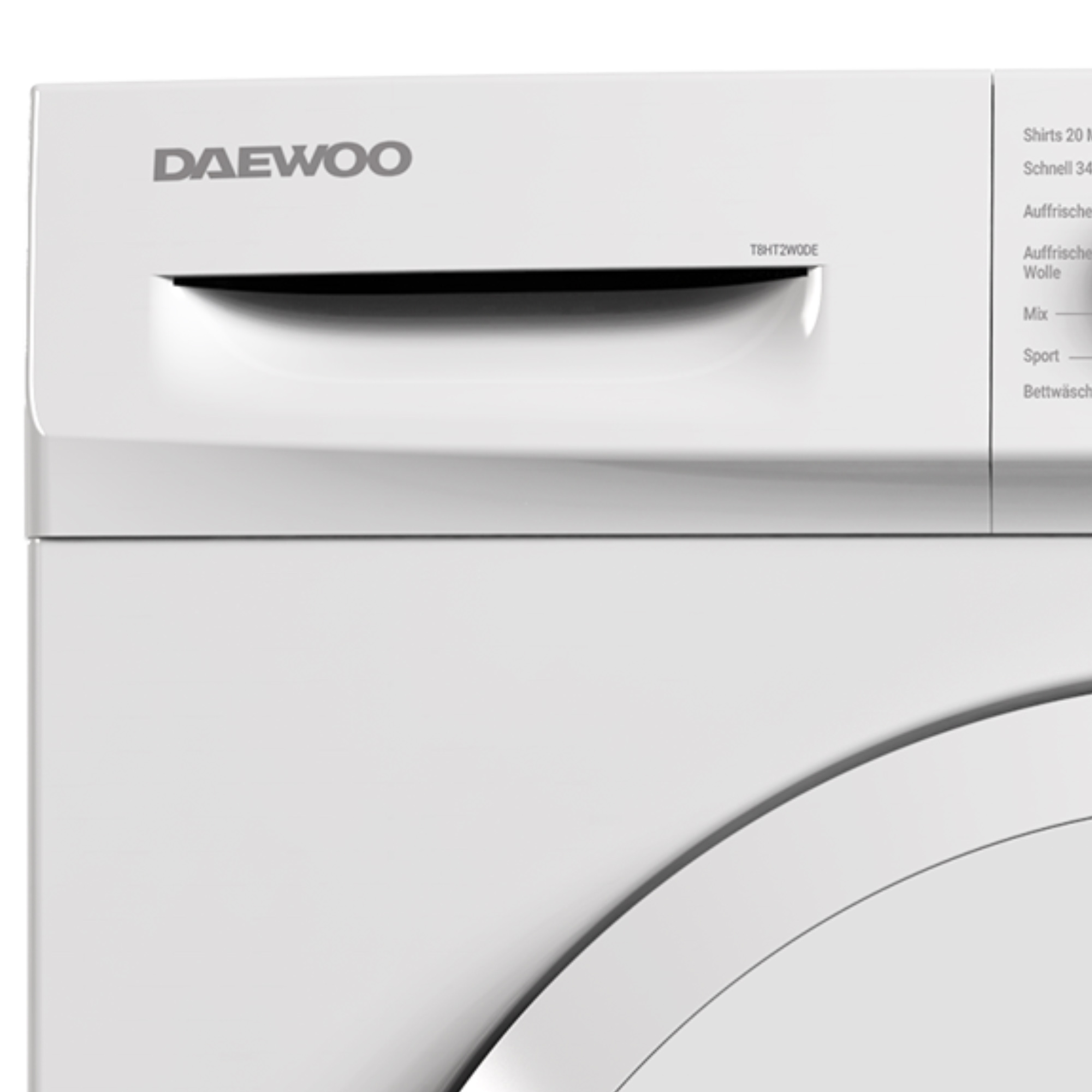 Nahaufnahme einer weißen Daewoo Waschmaschine mit Bedienfeld. Oberer Bereich mit Schublade.