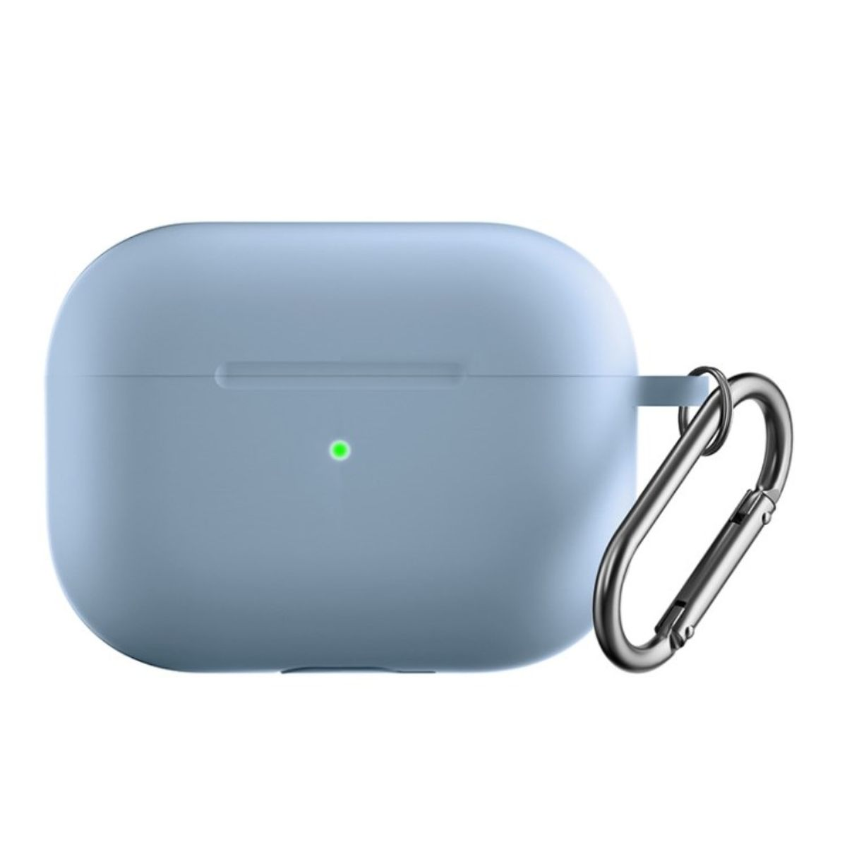 Ein hellblaues AirPods Pro-Case mit einem silbernen Karabinerhaken.